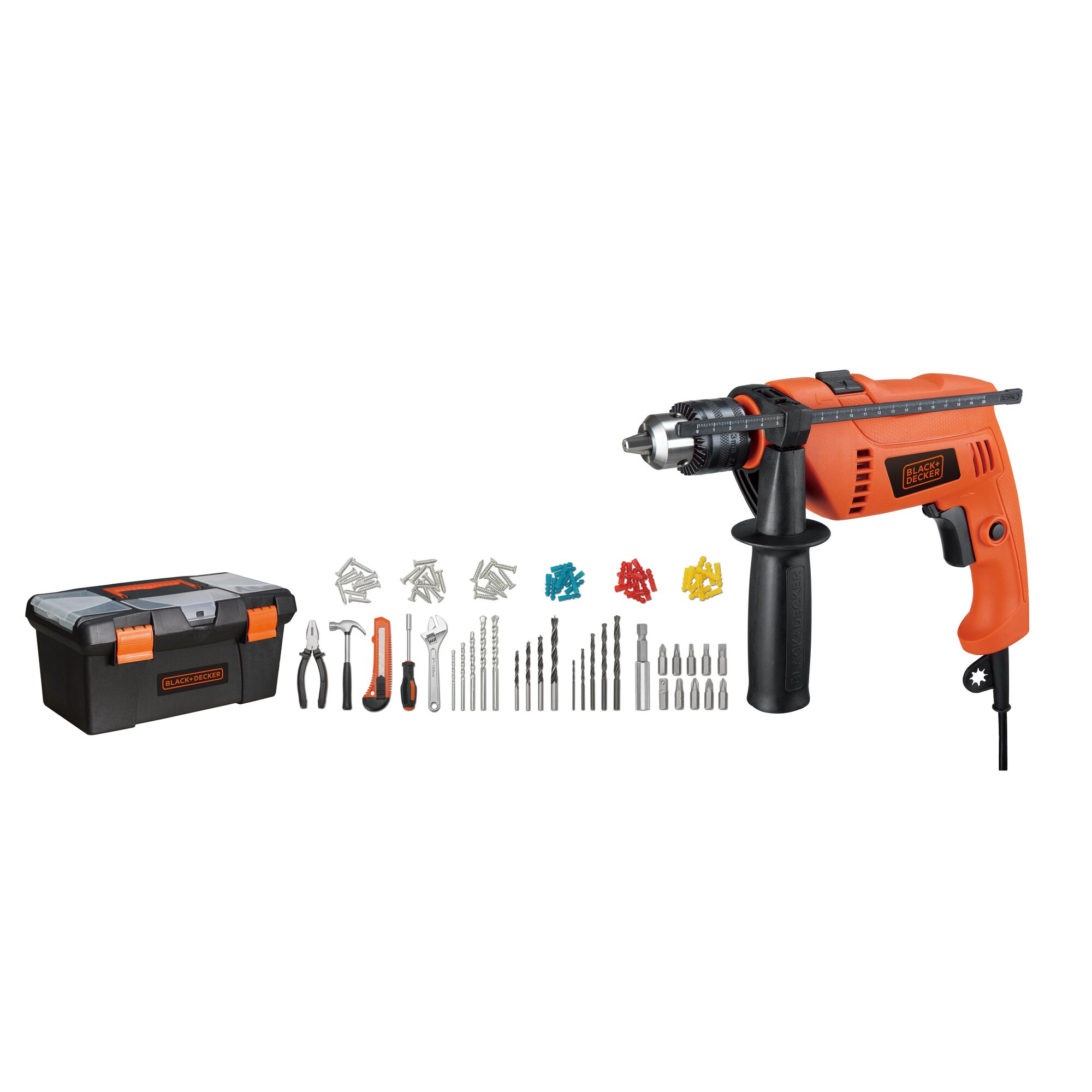 BLACKDECKER HD650BXH orange corded drill with black handle shown with toolbox, drill bits, hand tools, and accessories, front angle.