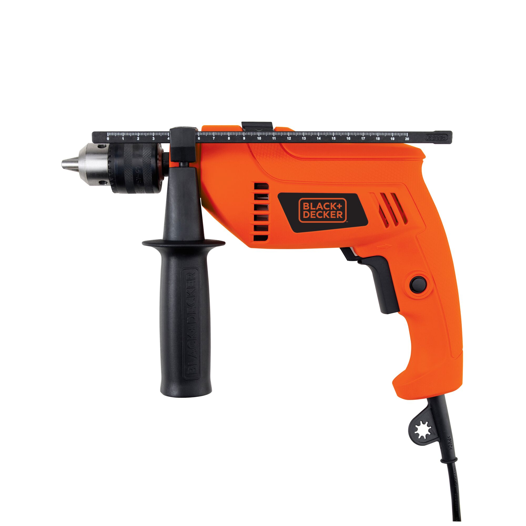 BLACKDECKER HD650KMPR orange corded hammer drill with side handle, front angle on white background.