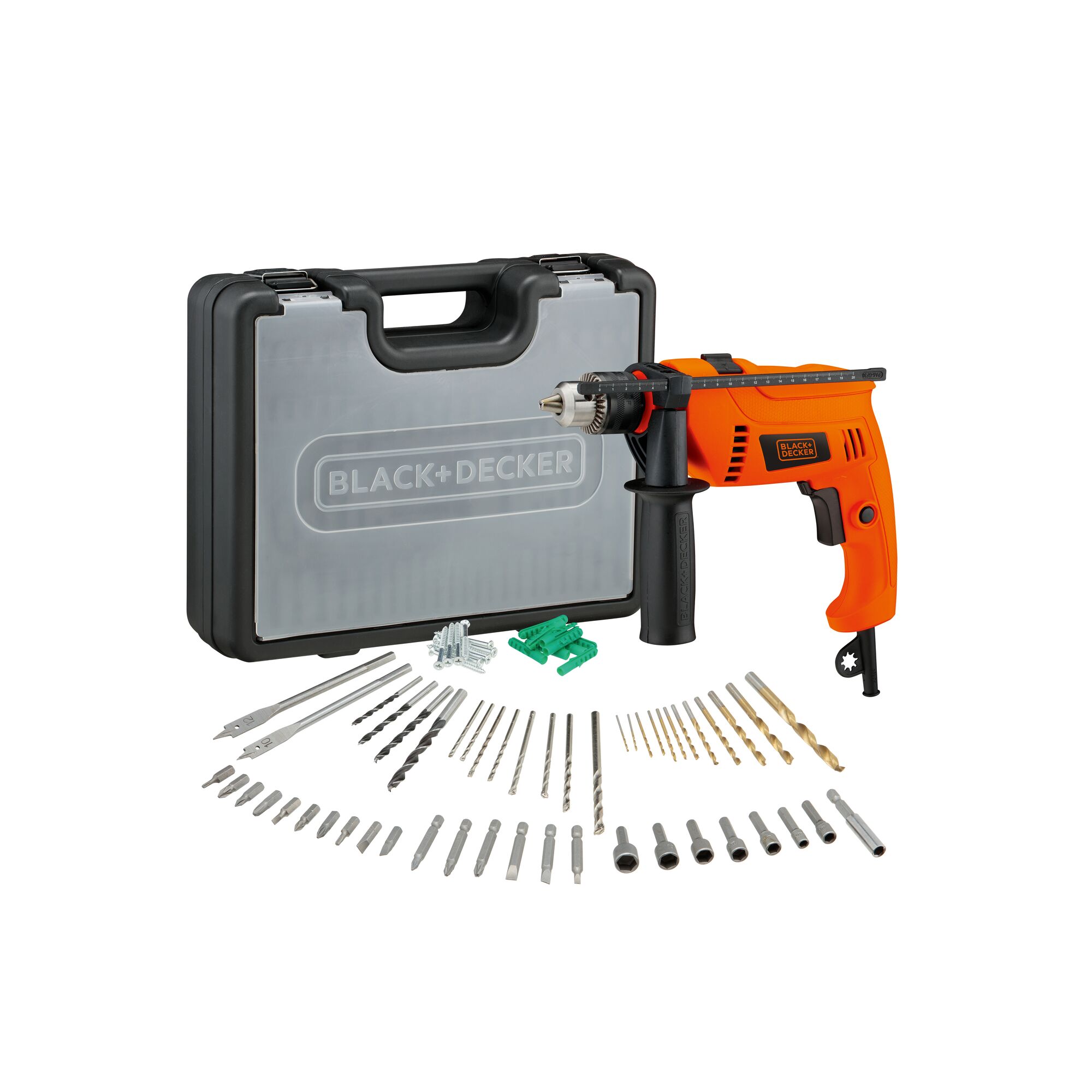 BLACK+DECKER HD650KMPR orange corded drill with accessories, drill bits, and gray carrying case, front angle.