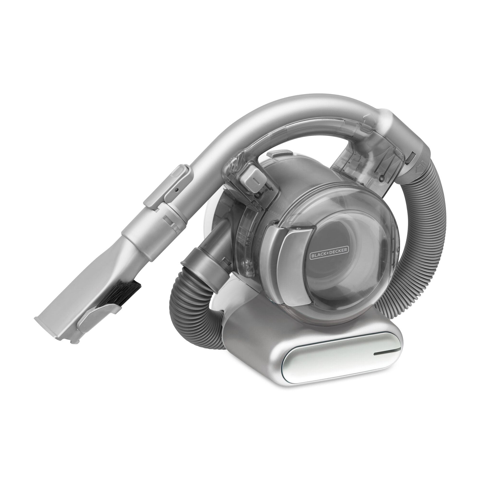 Photo of BLACK+DECKER HFVB415CFL handheld vacuum cleaner, silver and gray, hose and nozzle visible, side angle.