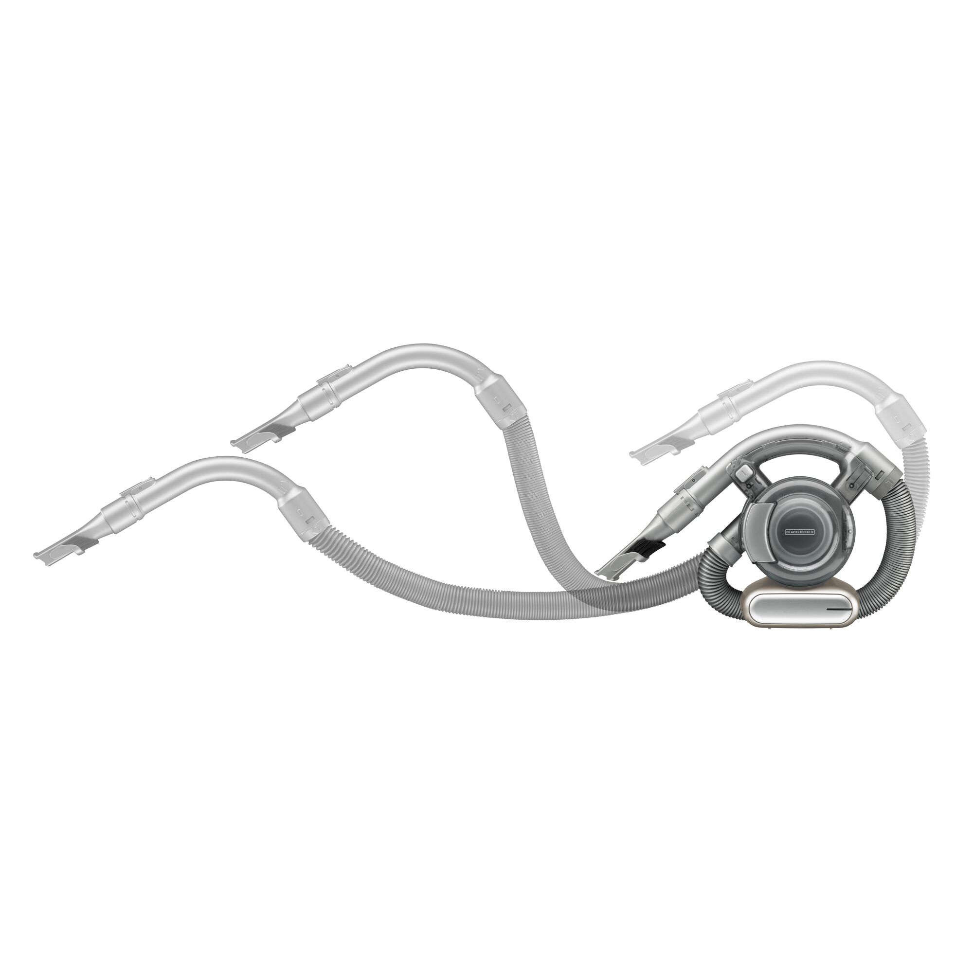 BLACKDECKER HFVB415CFL handheld vacuum cleaner with extended flexible hose, side angle, white background.