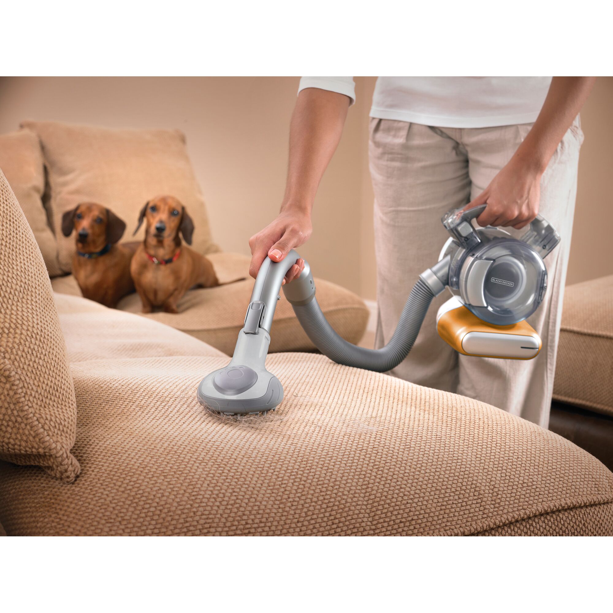 BLACKDECKER HFVB415OFL handheld vacuum cleaner being used on a beige sofa with two dogs in the background.