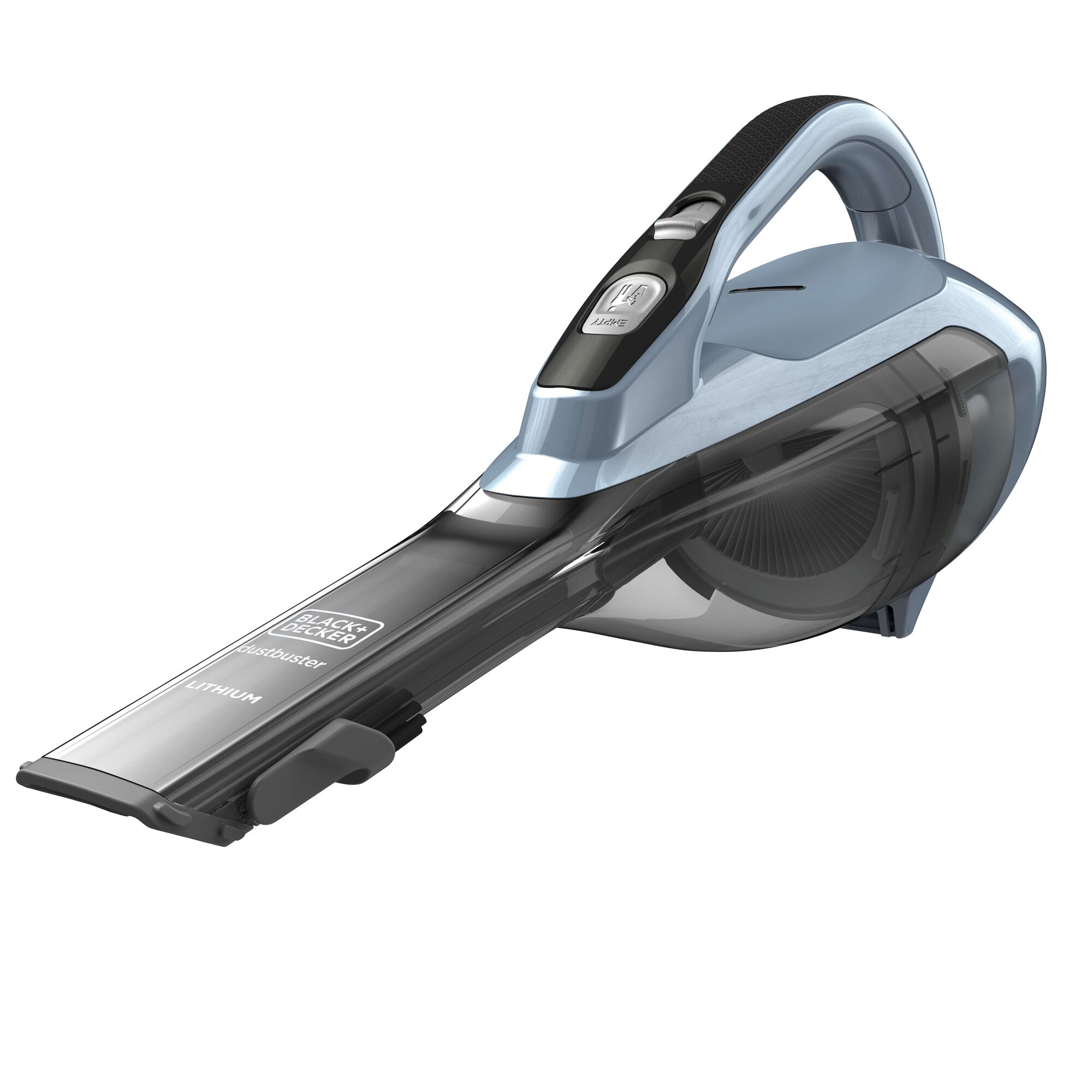 BLACKDECKER HLVA315J32 handheld cordless vacuum cleaner in light blue, side angle on white background.