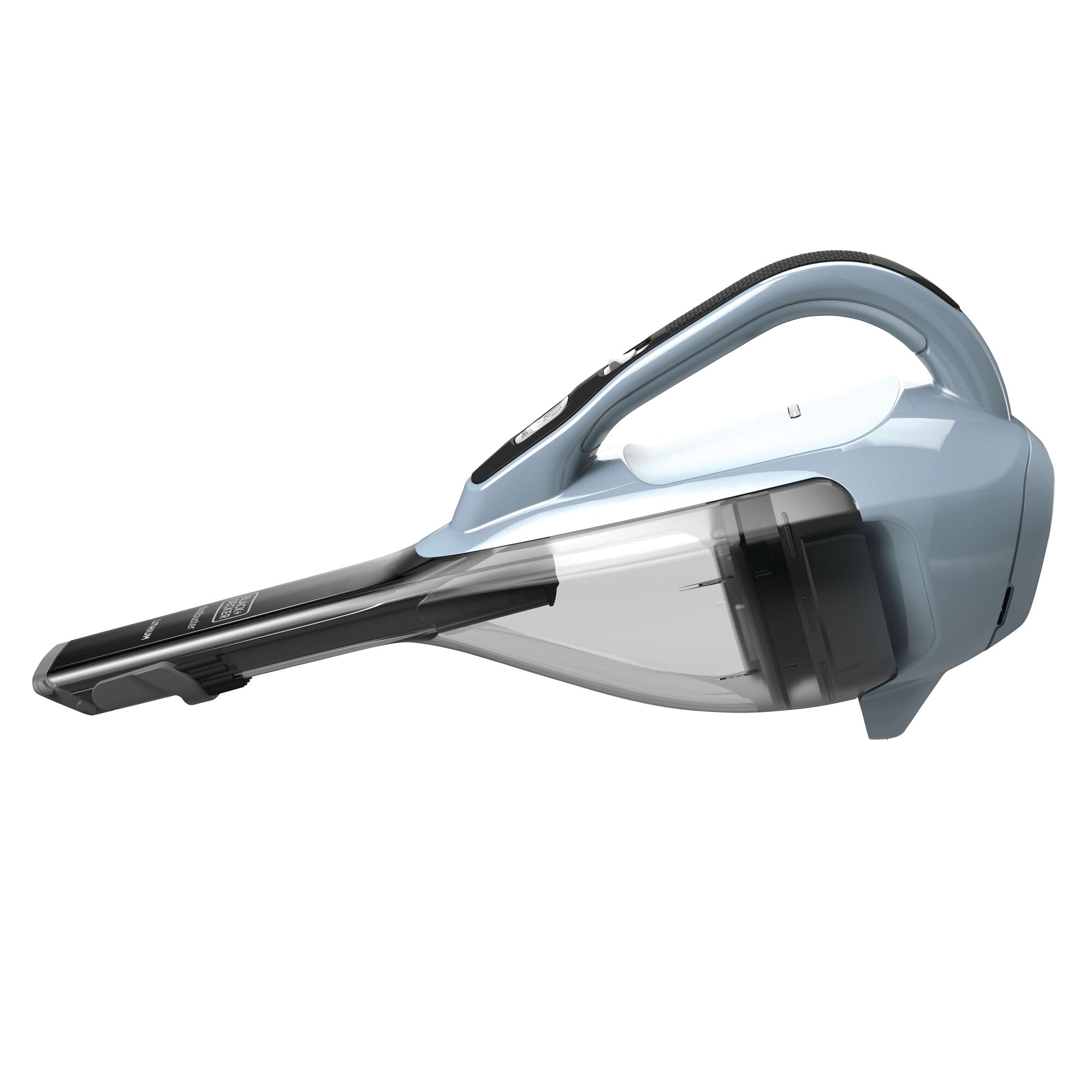 BLACK+DECKER HLVA315J32 handheld vacuum, light blue and black, right side view, white background.