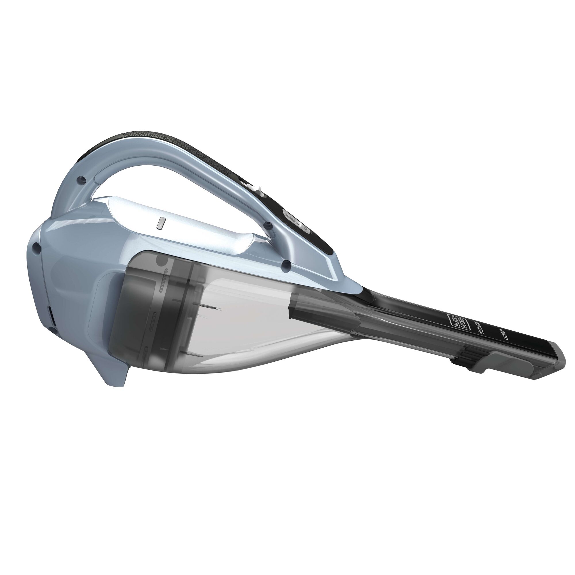 BLACKDECKER HLVA315J32 handheld vacuum cleaner side view with clear dustbin and light blue body.