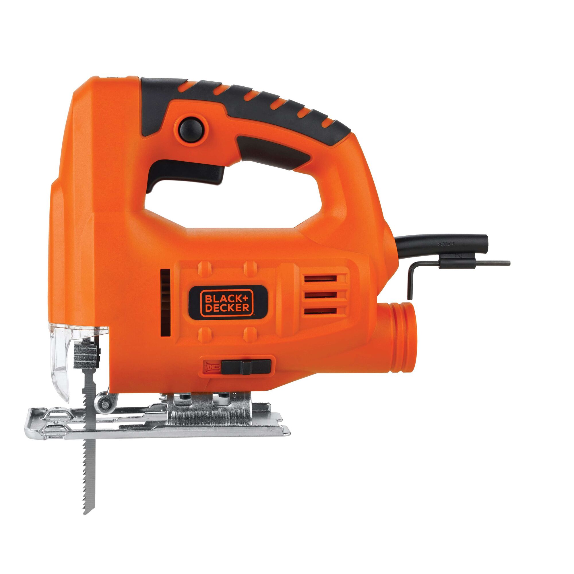 BLACKDECKER JS20 orange jigsaw, side angle, corded electric power tool with black handle grip.