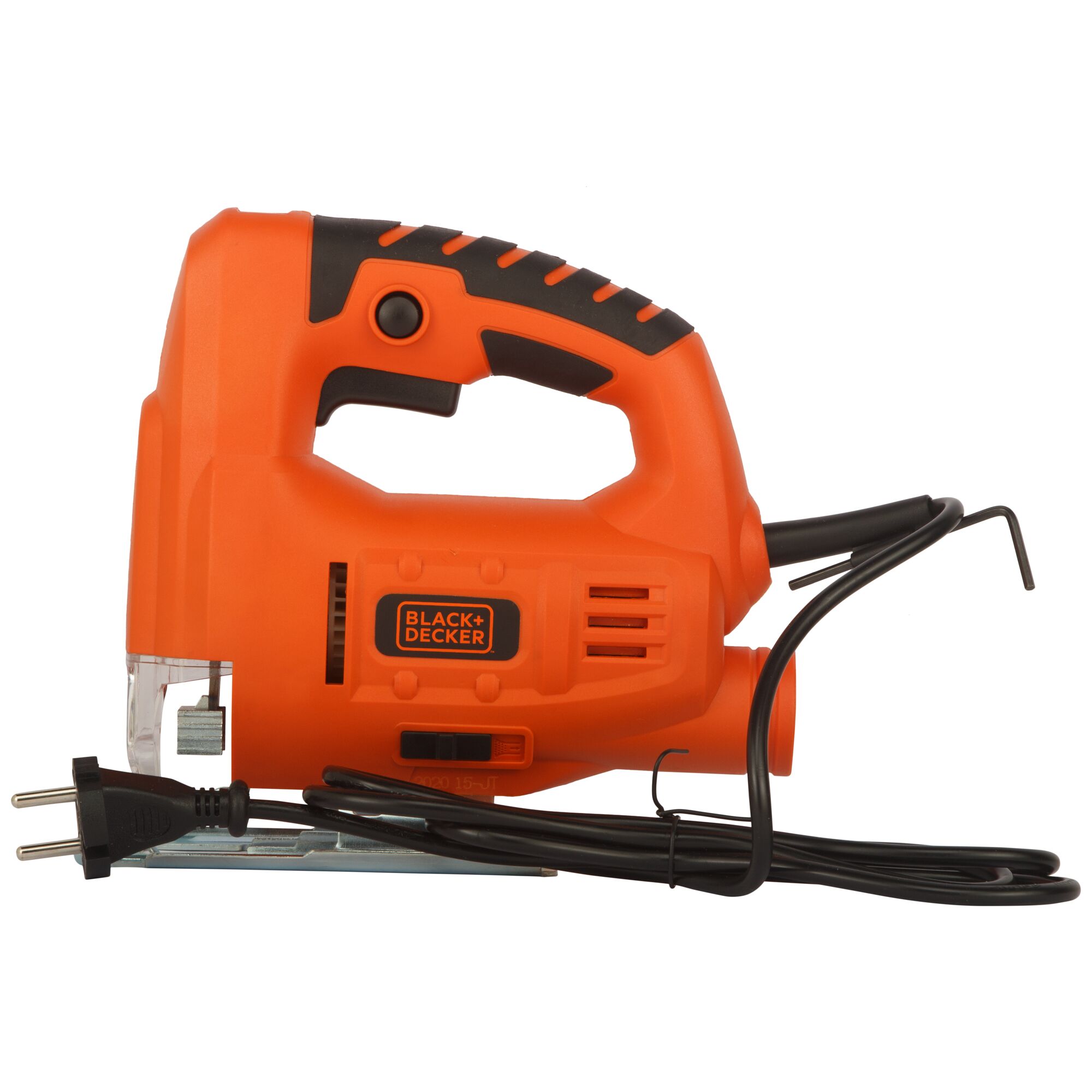 BLACKDECKER JS20 orange corded jigsaw, side angle, with black handle and visible power cord.