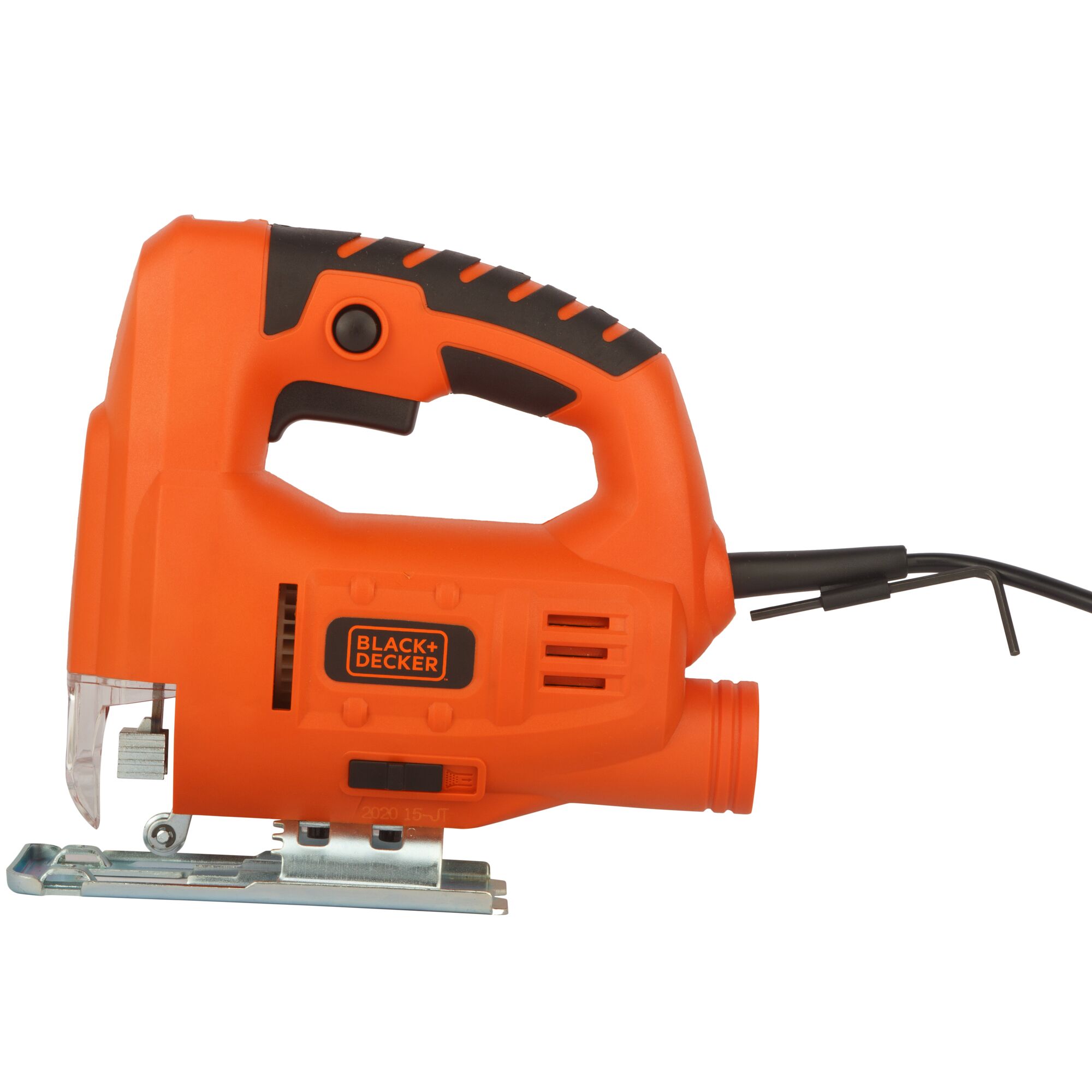 BLACKDECKER JS20 jigsaw, orange and black, side view, corded power tool with ergonomic handle.