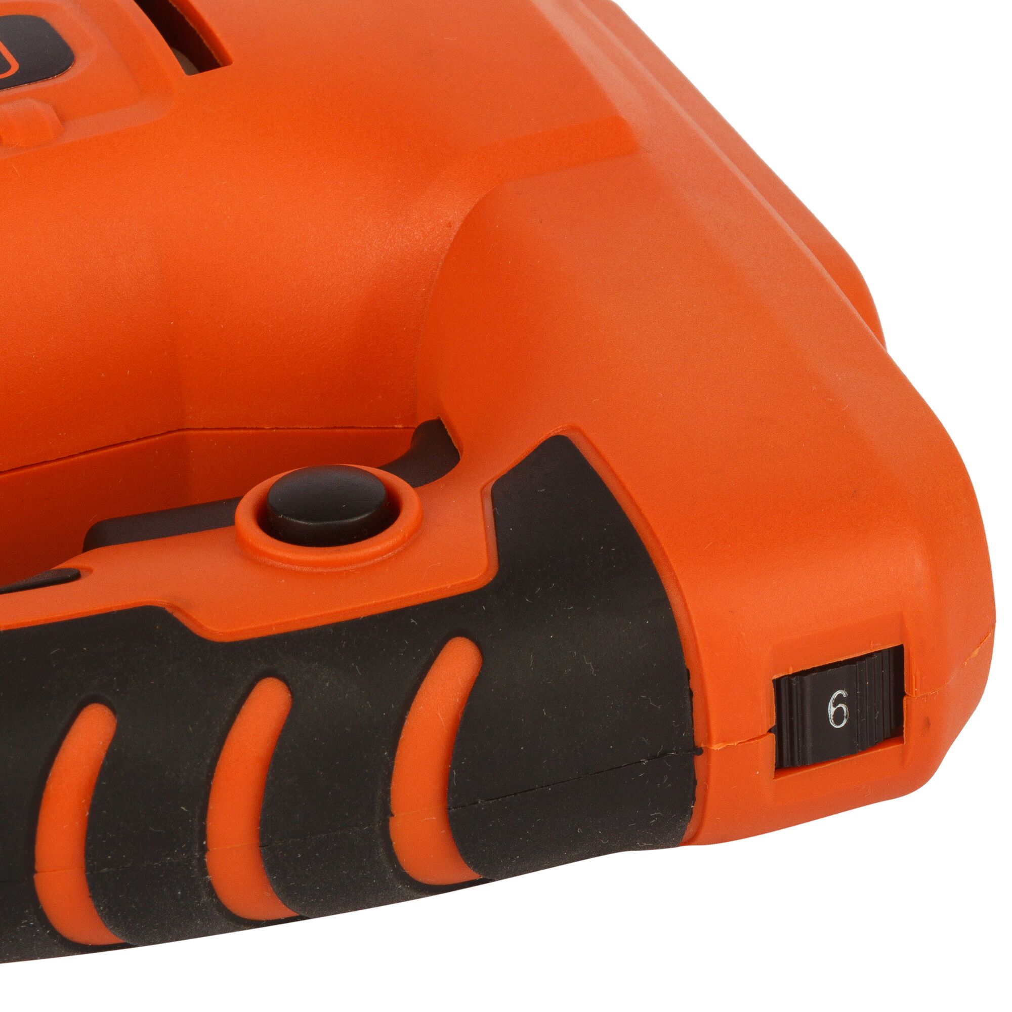 BLACKDECKER JS20 orange and black handle detail, close-up on speed control dial, photo, SKU JS20