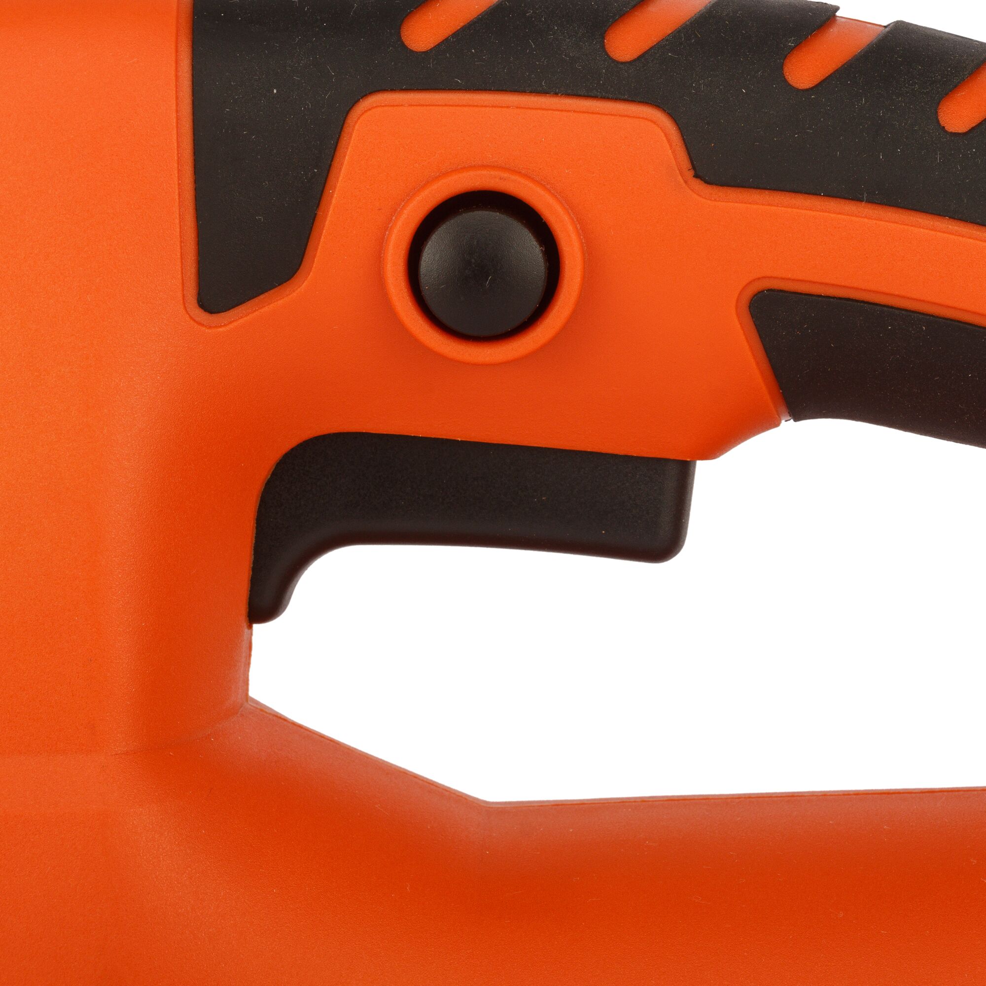 BLACKDECKER JS20 jigsaw handle in orange and black, close-up side view, photography product.
