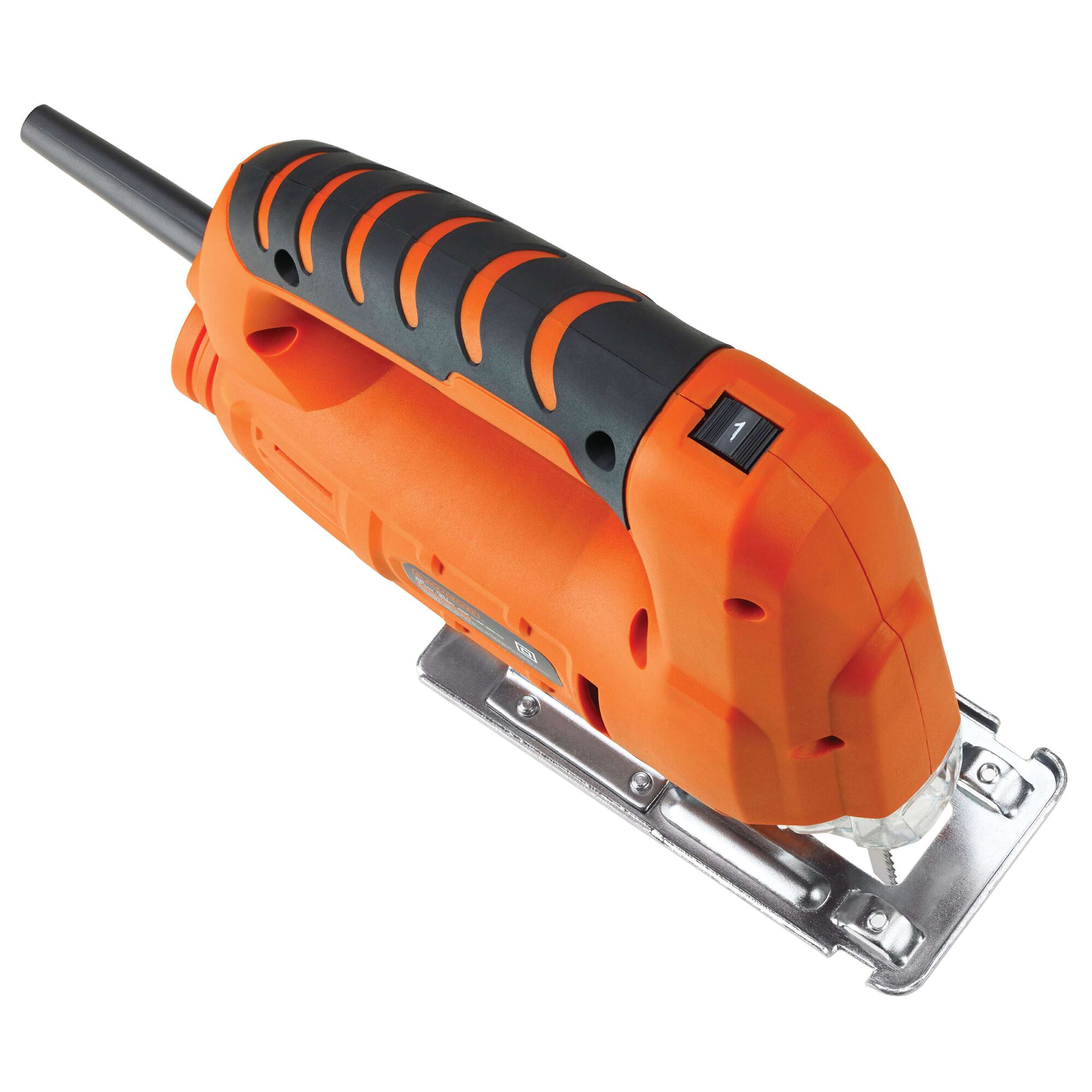 BLACKDECKER JS20 jigsaw with orange and black handle, side angle on white background.