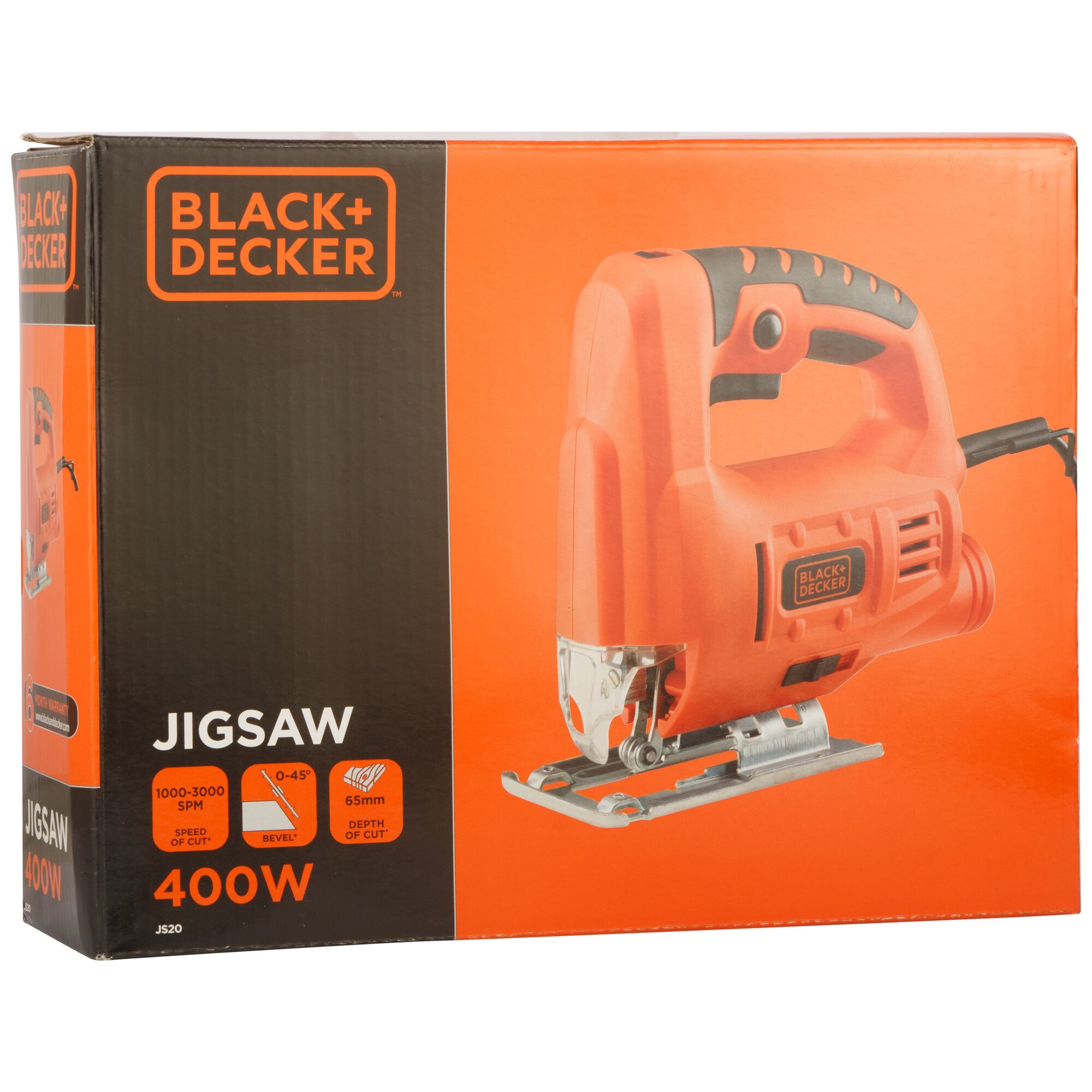 Photo of BLACK+DECKER JS20 jigsaw 400W in box, orange and black packaging, product details visible, front angle.