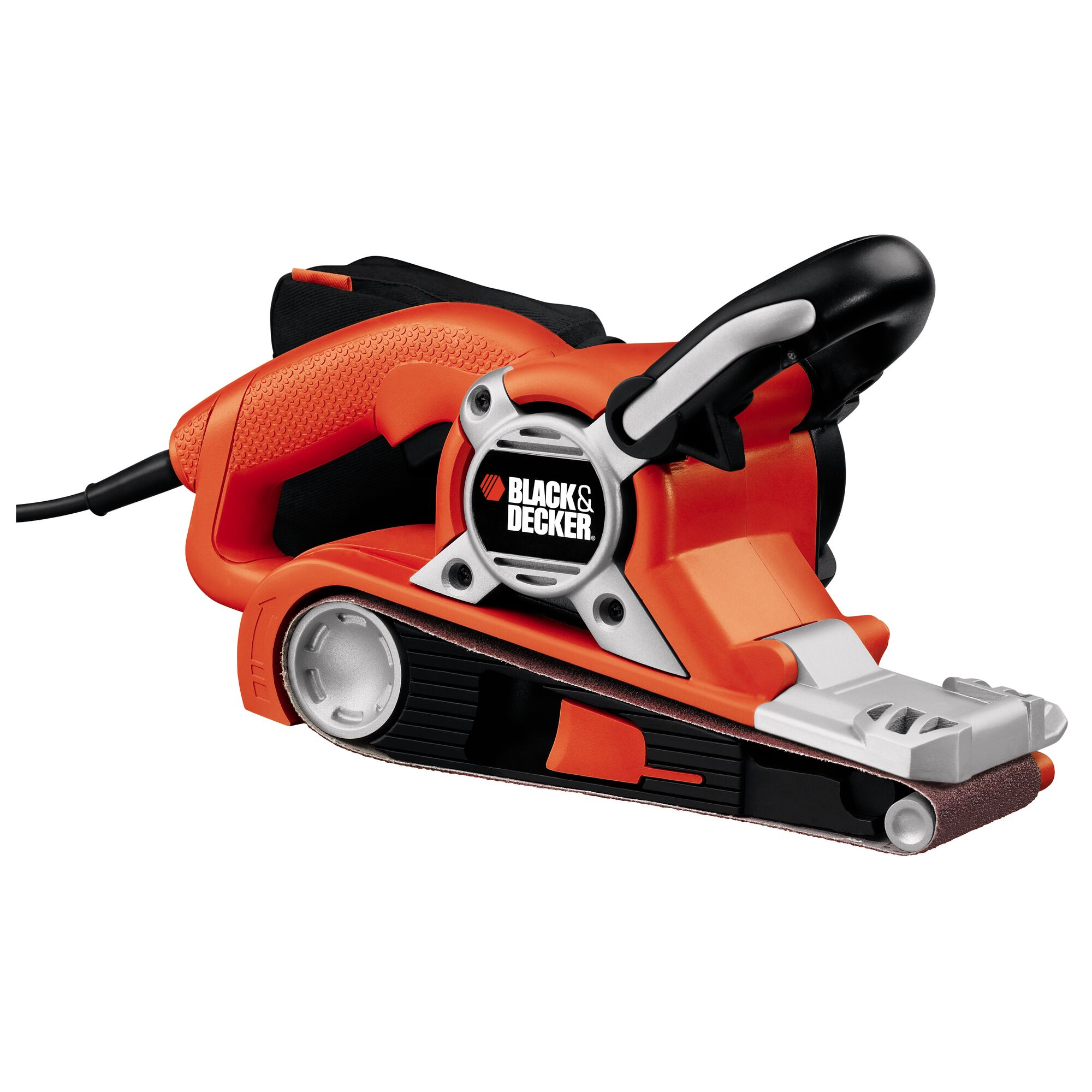 Photo of BLACKDECKER KA3000 orange and black belt sander, side angle, with ergonomic handle.