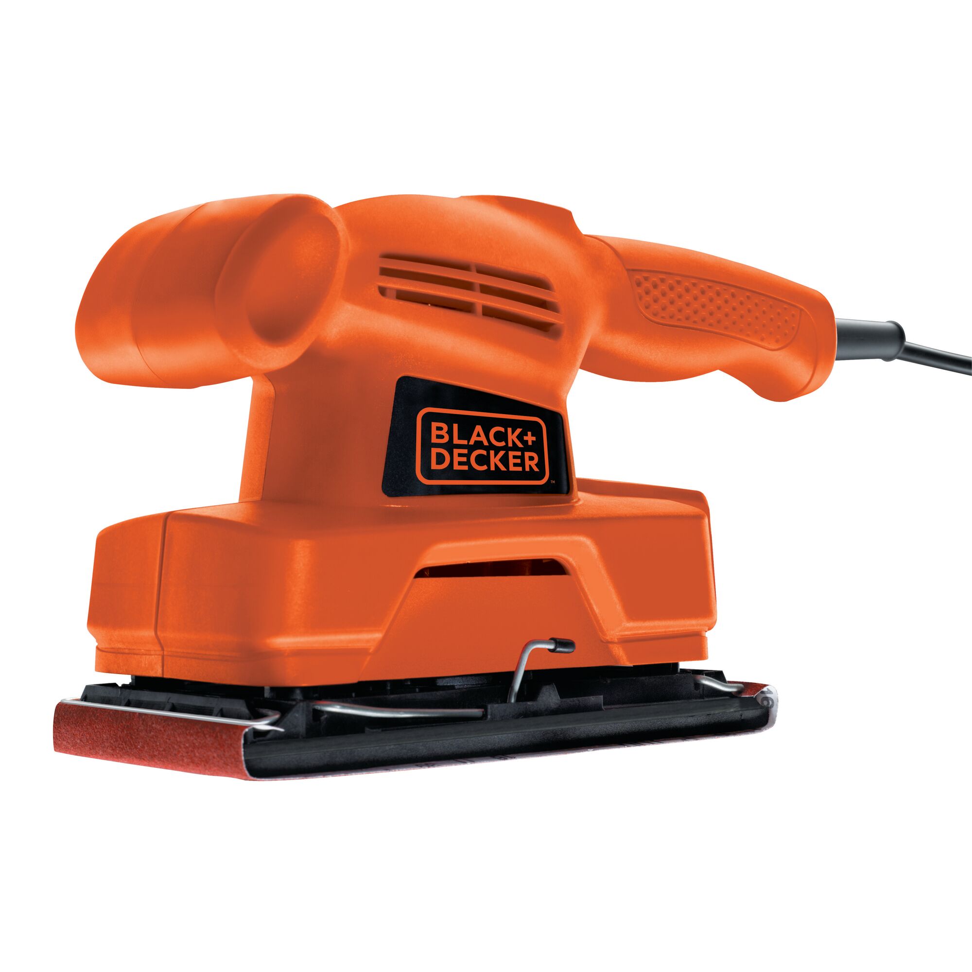 BLACK+DECKER KA300 orange sheet sander, angled view, with cord and textured grip.