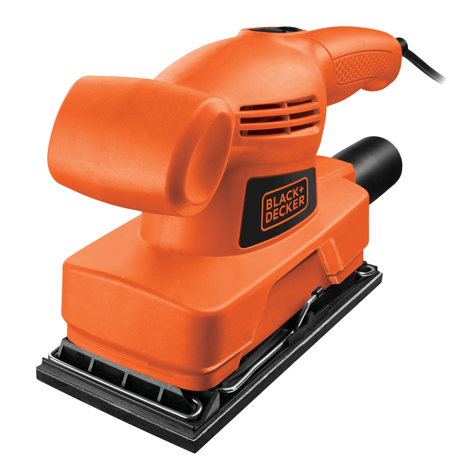 A BLACK+DECKER KA300 electric sander with an orange body, black accents, and a rectangular sanding base, suitable for woodworking and surface finishing.