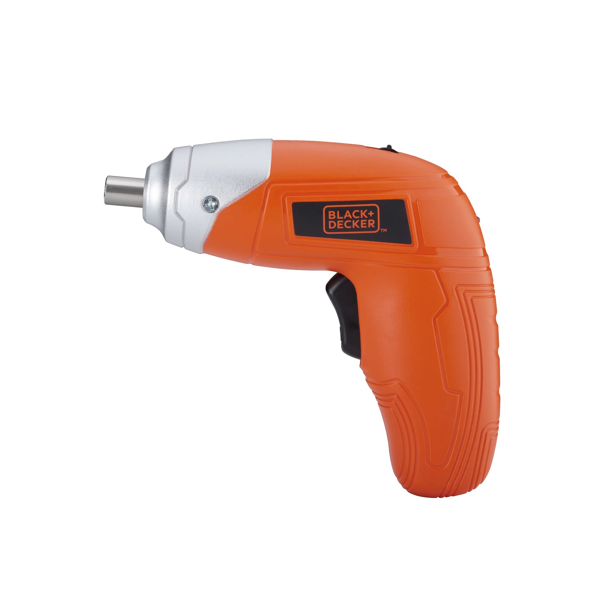 BLACKDECKER KC3610 cordless orange screwdriver side view on white background.