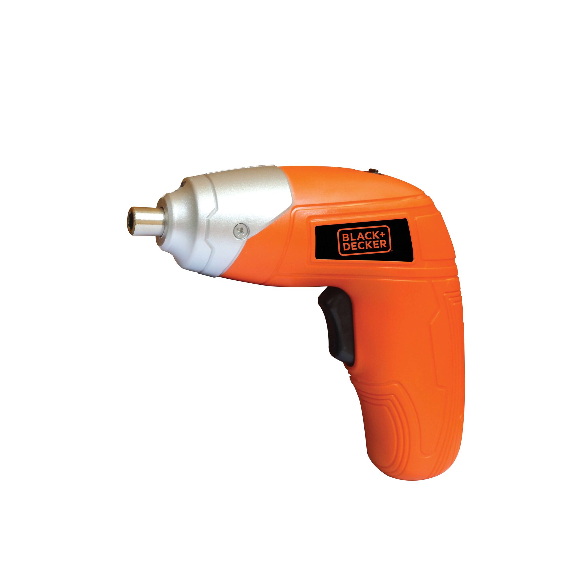 BLACKDECKER KC3610 orange cordless screwdriver, side view on white background.