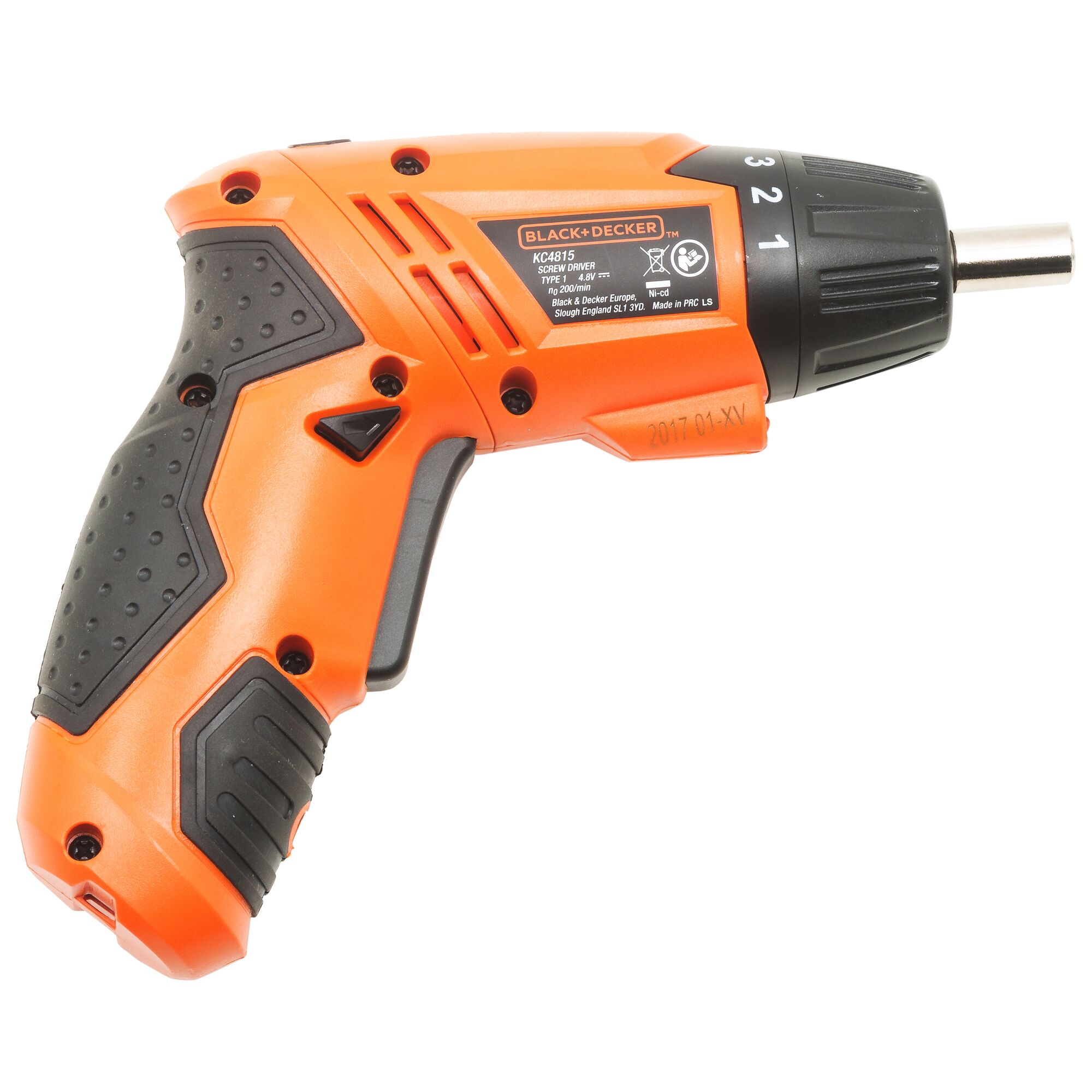BLACK+DECKER KC4815-IN orange and black cordless screwdriver, side view, textured grip, product label visible.