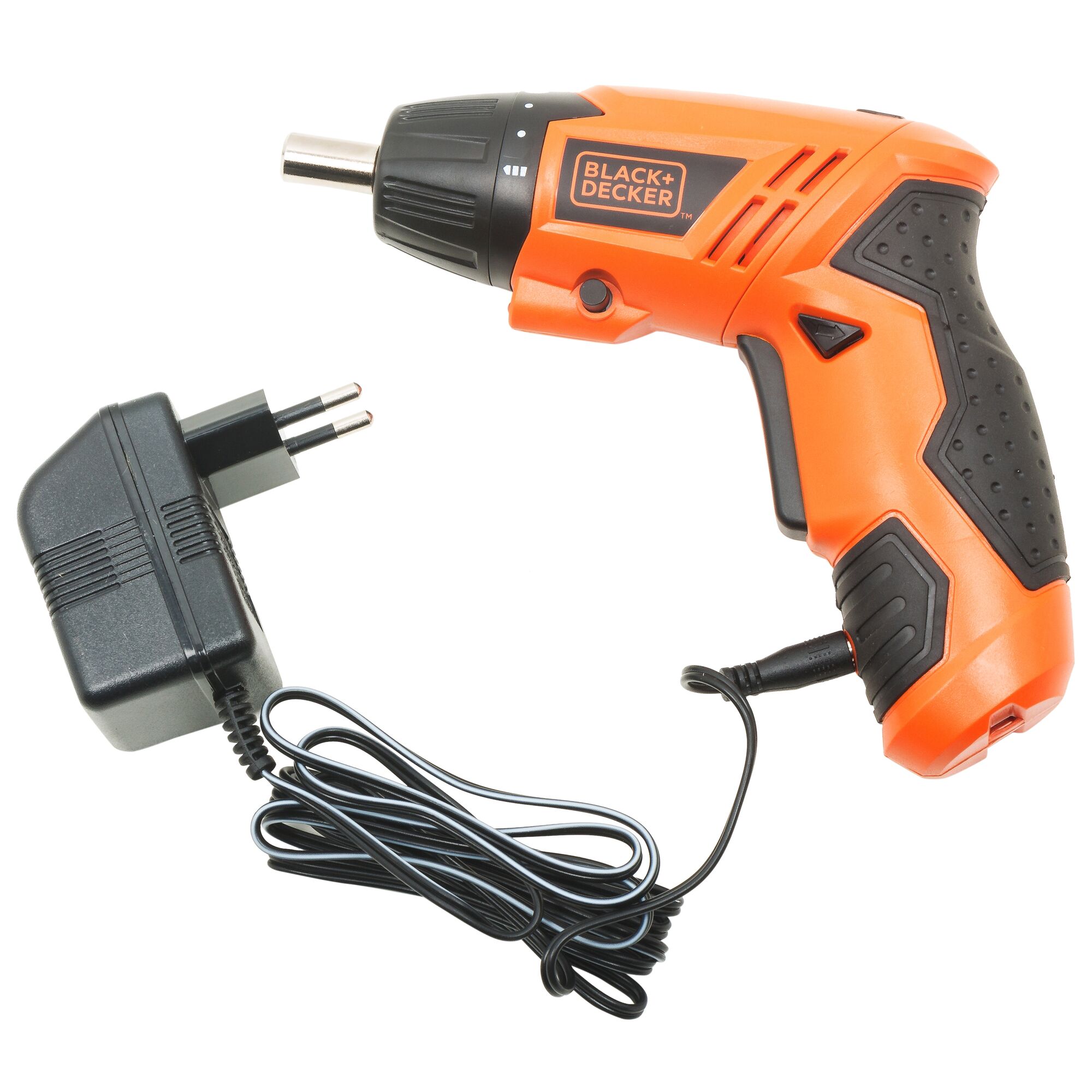 BLACK+DECKER KC4815-IN orange cordless screwdriver with charger, front angle, white background.