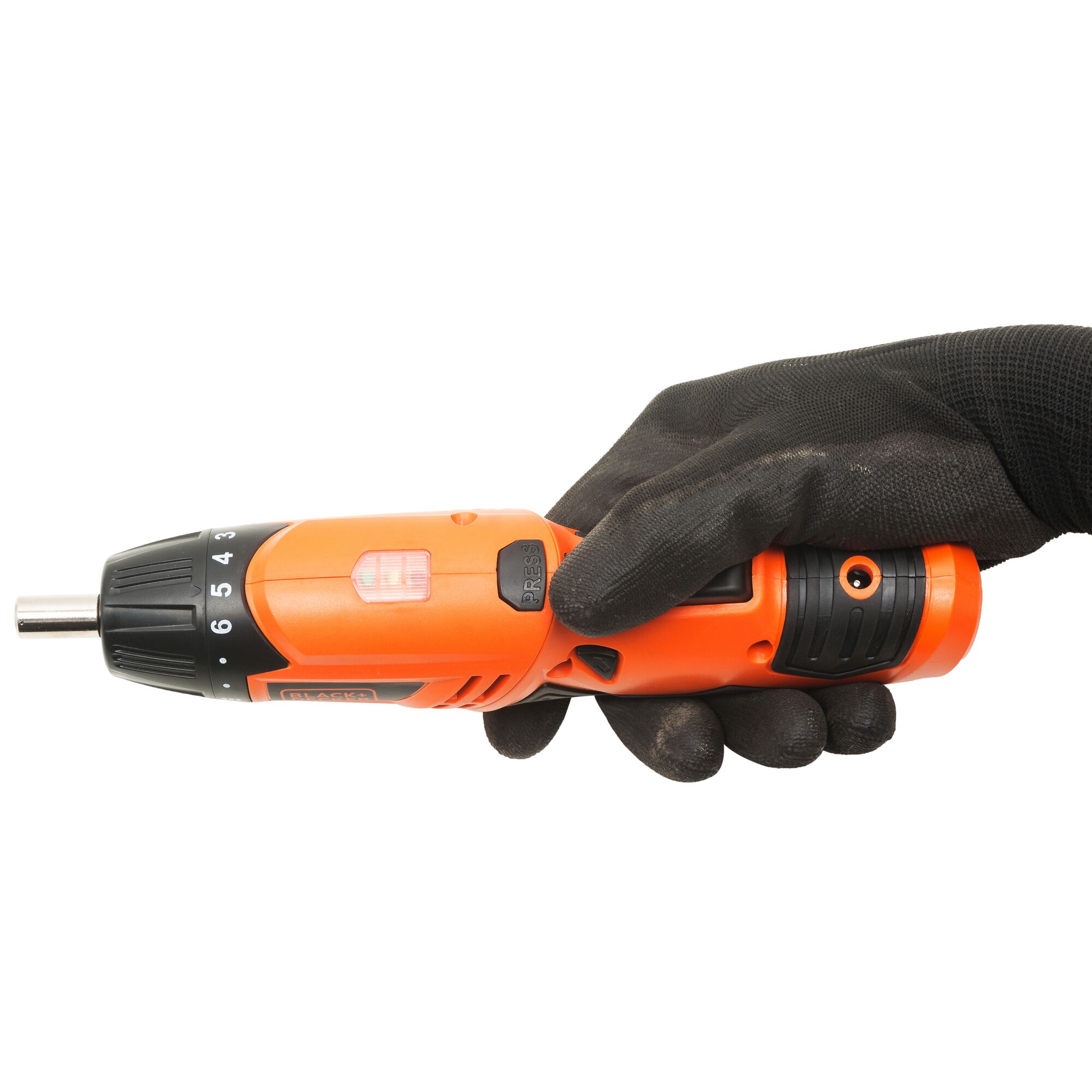 BLACKDECKER KC4815-IN orange cordless screwdriver held in gloved hand, side angle, white background.