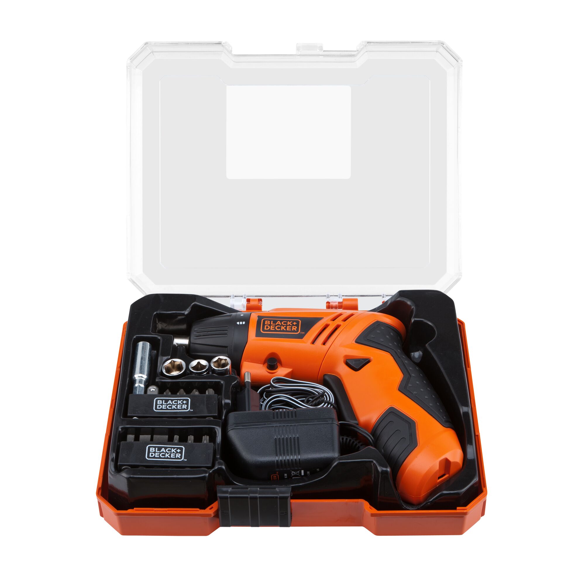 BLACKDECKER KC4815KA15 cordless drill kit with accessories in orange case, front angle.