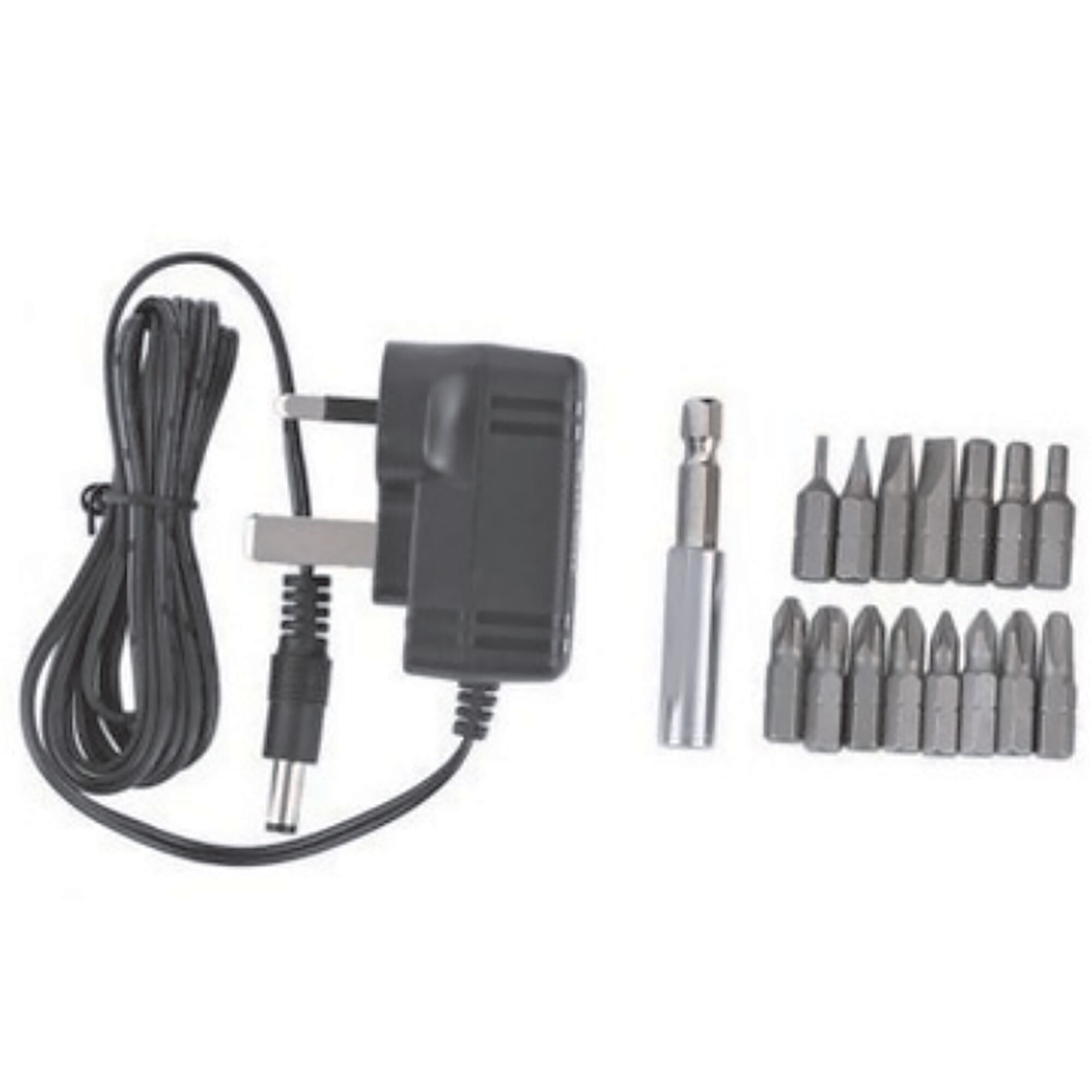 BLACKDECKER KC4815 power adapter, bit holder, and screwdriver bit set on white background.