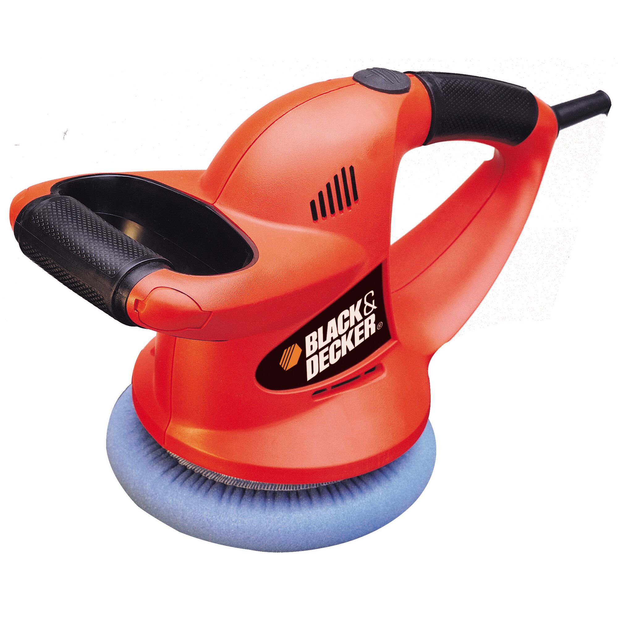 BLACKDECKER KP600 orange handheld polisher with black grip and blue foam pad, front angle.