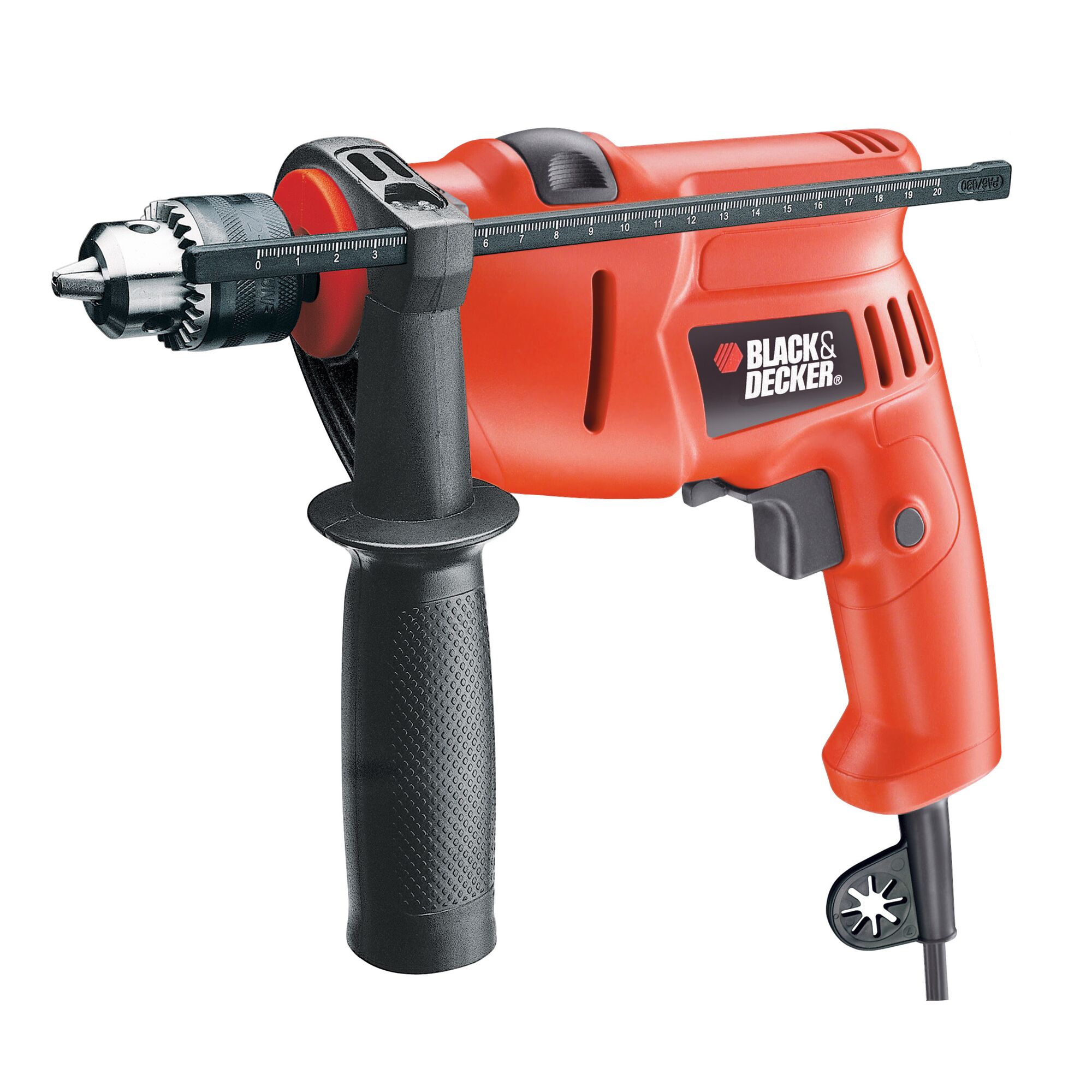 BLACKDECKER KR454RE corded orange drill with side handle and depth gauge, front angle, photography.