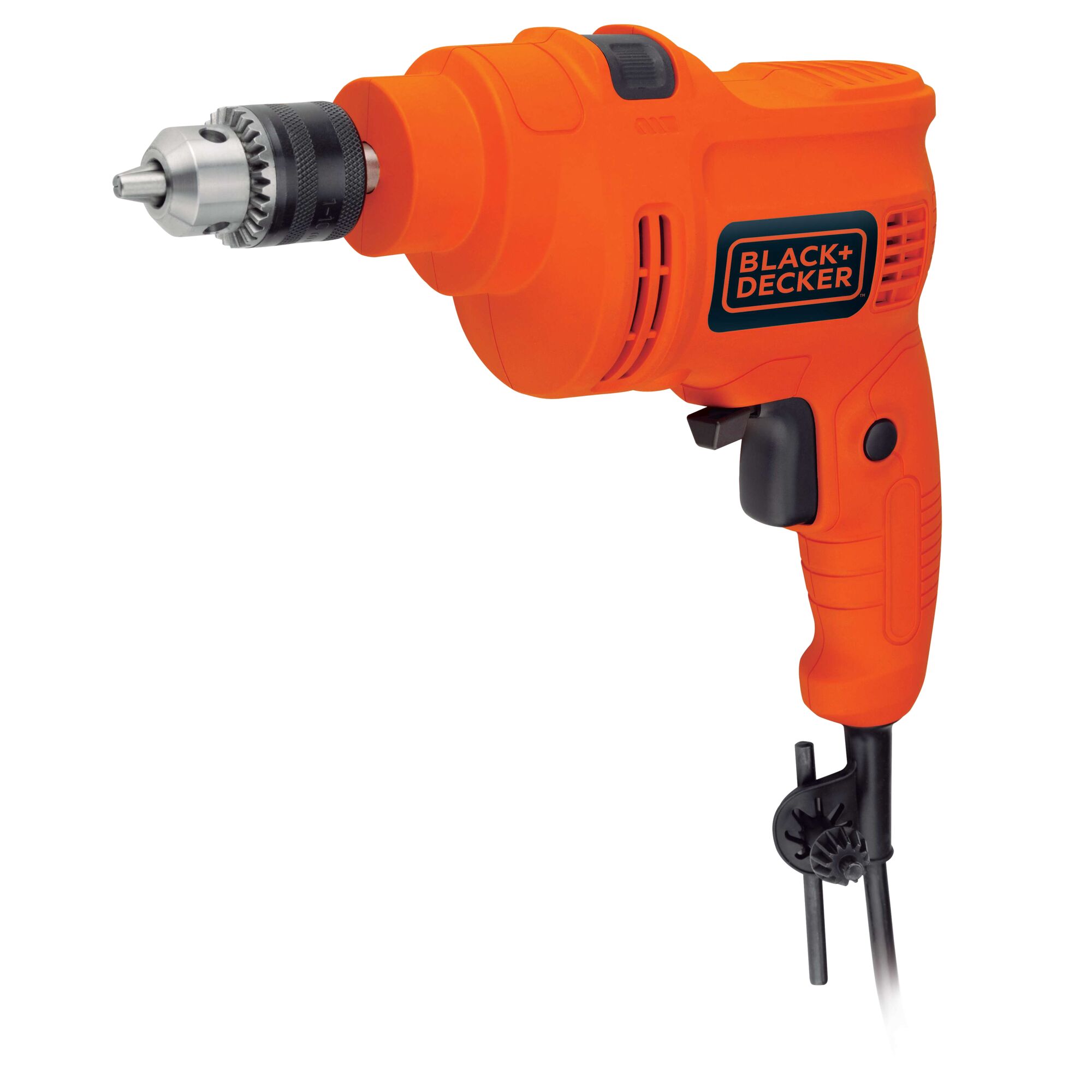 An electric orange Black+Decker corded drill with a metal chuck, trigger, and ergonomic handle. The drill is shown from the side, with the brand logo visible.