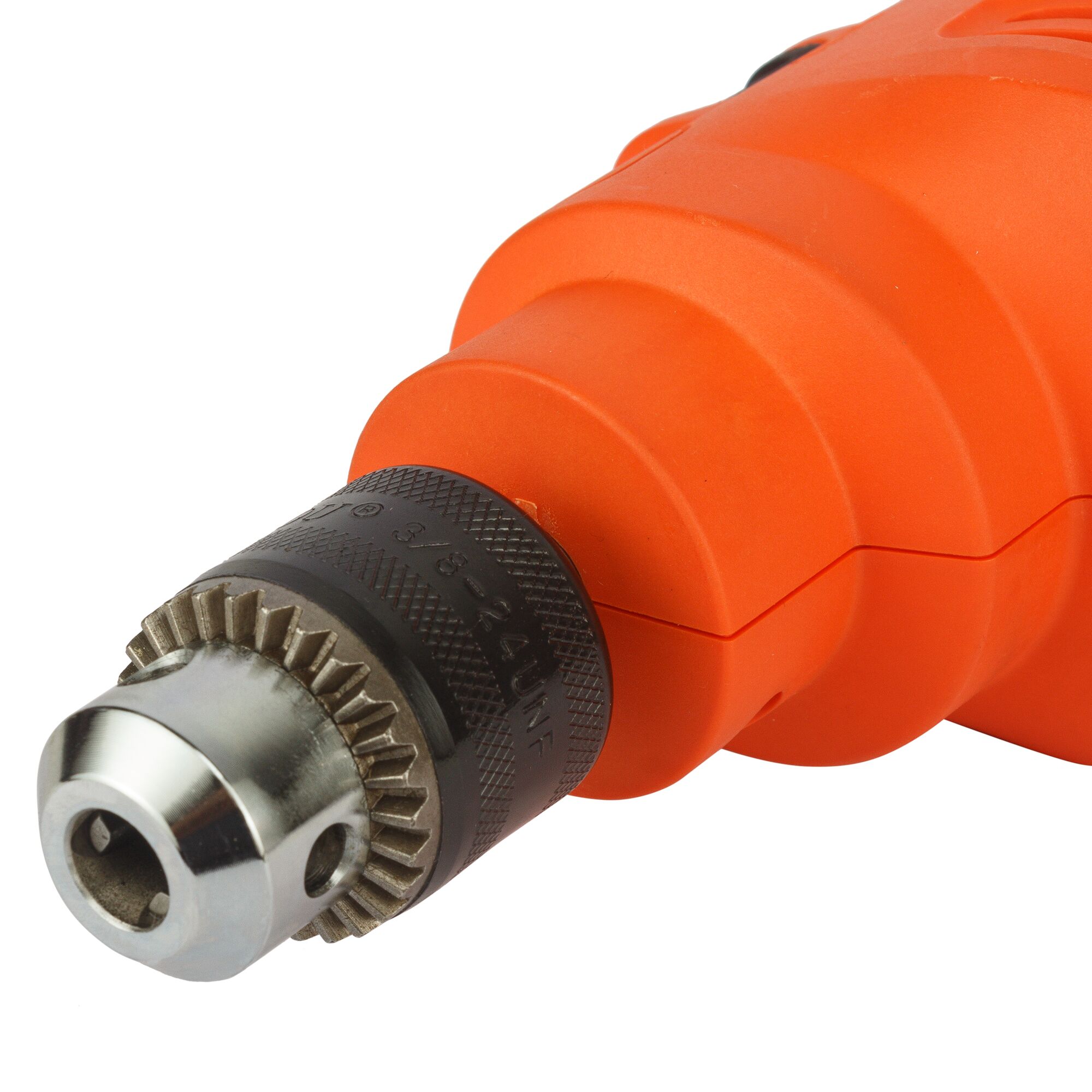 BLACKDECKER KR5010 orange electric drill close-up, front angle, showing metal keyed chuck