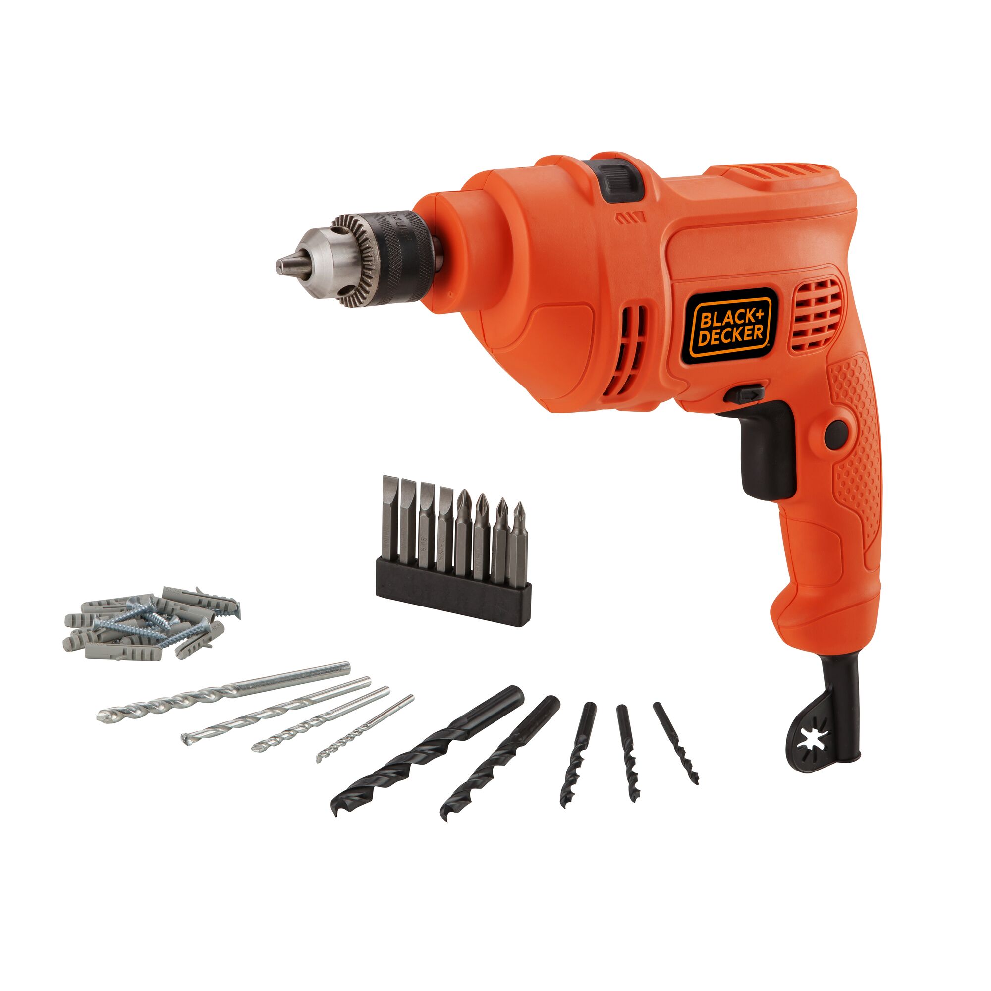 BLACK+DECKER KR504REKP20 orange corded drill set with drill bits, screwdriver bits, and wall plugs, front angle on white.
