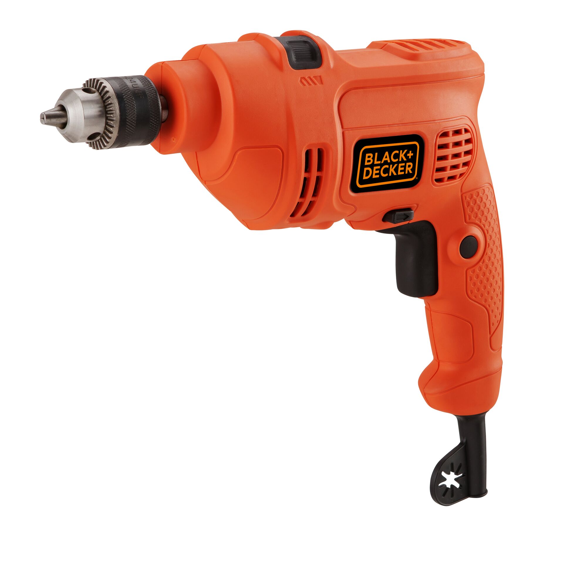 BLACK+DECKER KR504RE corded orange drill side view with textured grip and metal chuck