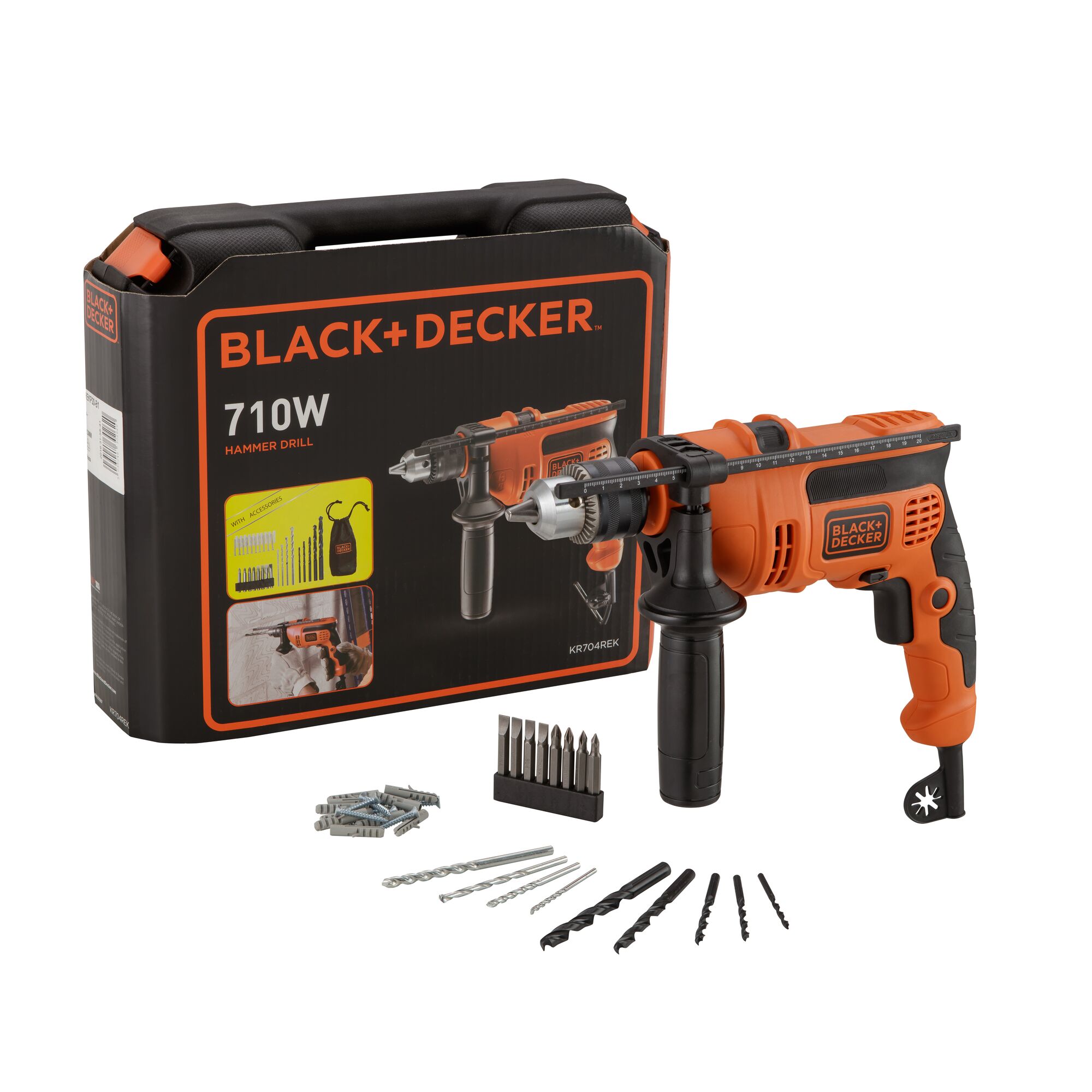 BLACK+DECKER KR704REKP20 hammer drill kit, orange-black, side angle, with bits and accessories.