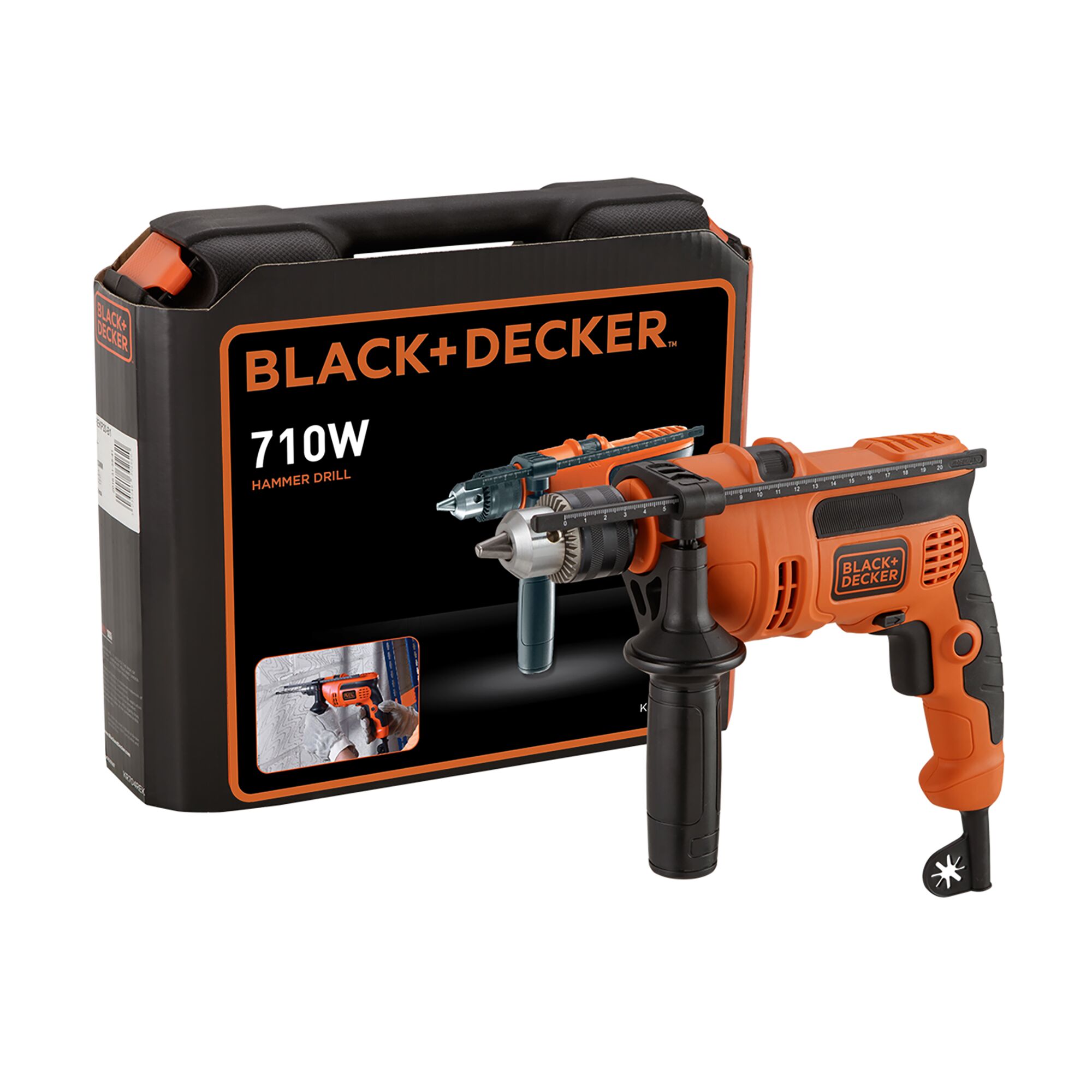 BLACK+DECKER KR704REK orange and black hammer drill with hard case, front angle on white background.
