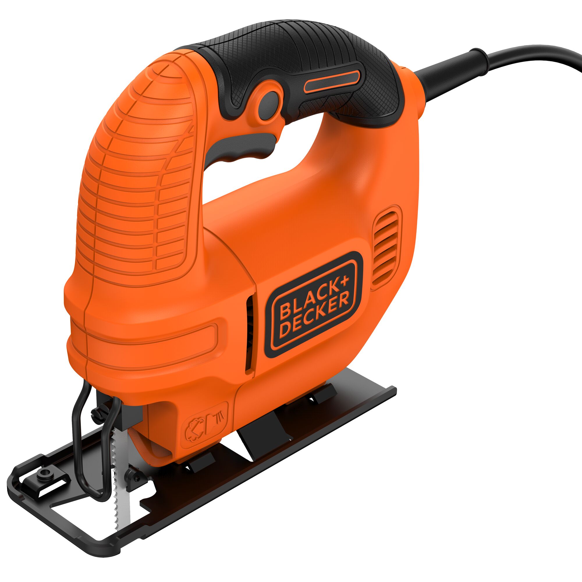 BLACK+DECKER jigsaw KS501, orange and black, front angle, corded power tool on white background