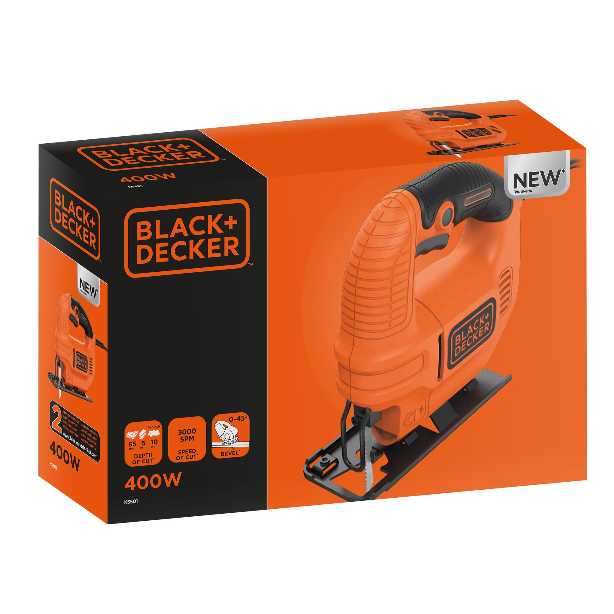 BLACK+DECKER KS501 orange jigsaw packaging with product photo, specs and branding, angled view.