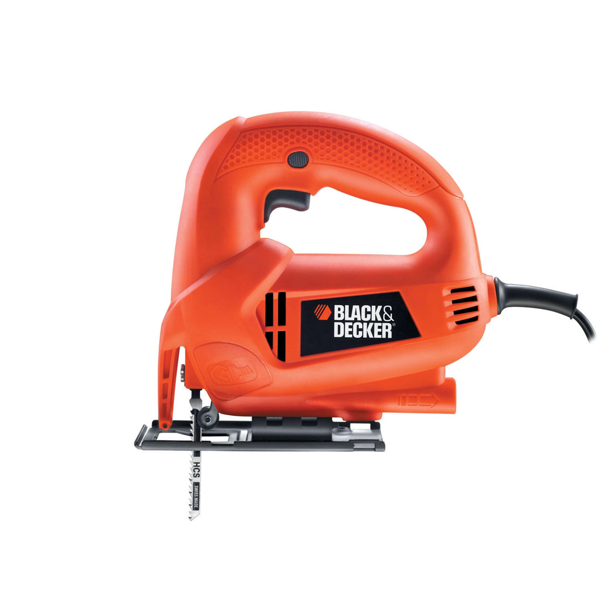 BLACKDECKER KS600E orange corded jigsaw front view on white background.