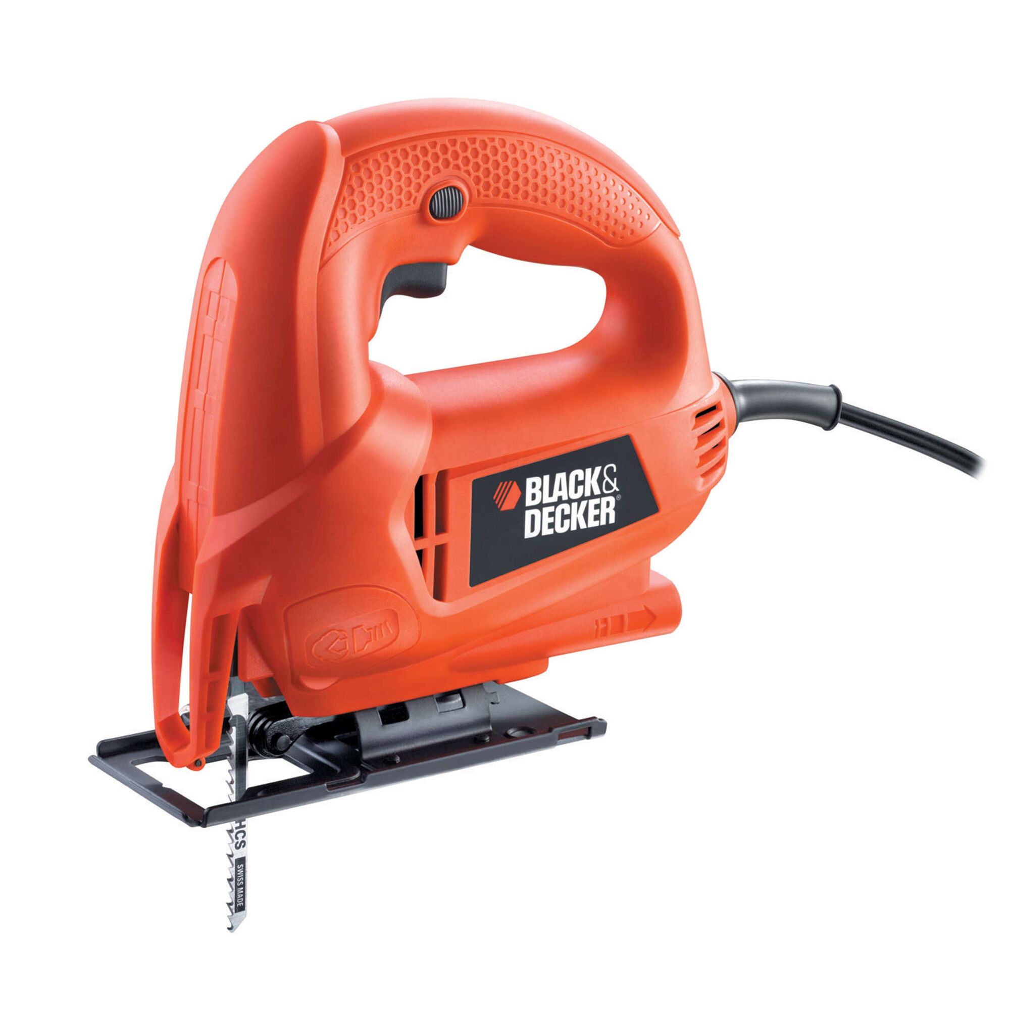 Photo of BLACKDECKER KS600E orange corded jigsaw, side angle, showing handle and blade.