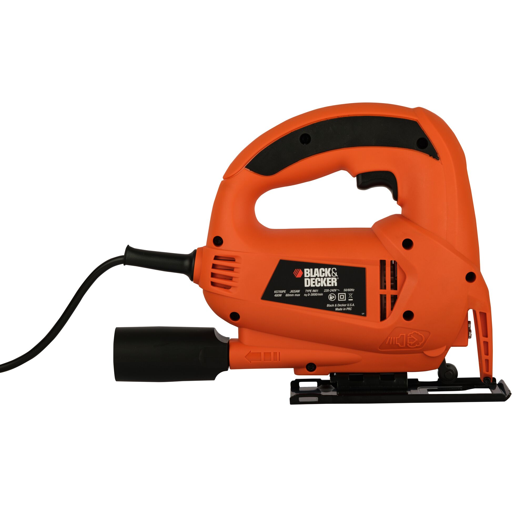 BLACK+DECKER KS700PE orange electric jigsaw, side view on white background, power cord visible.