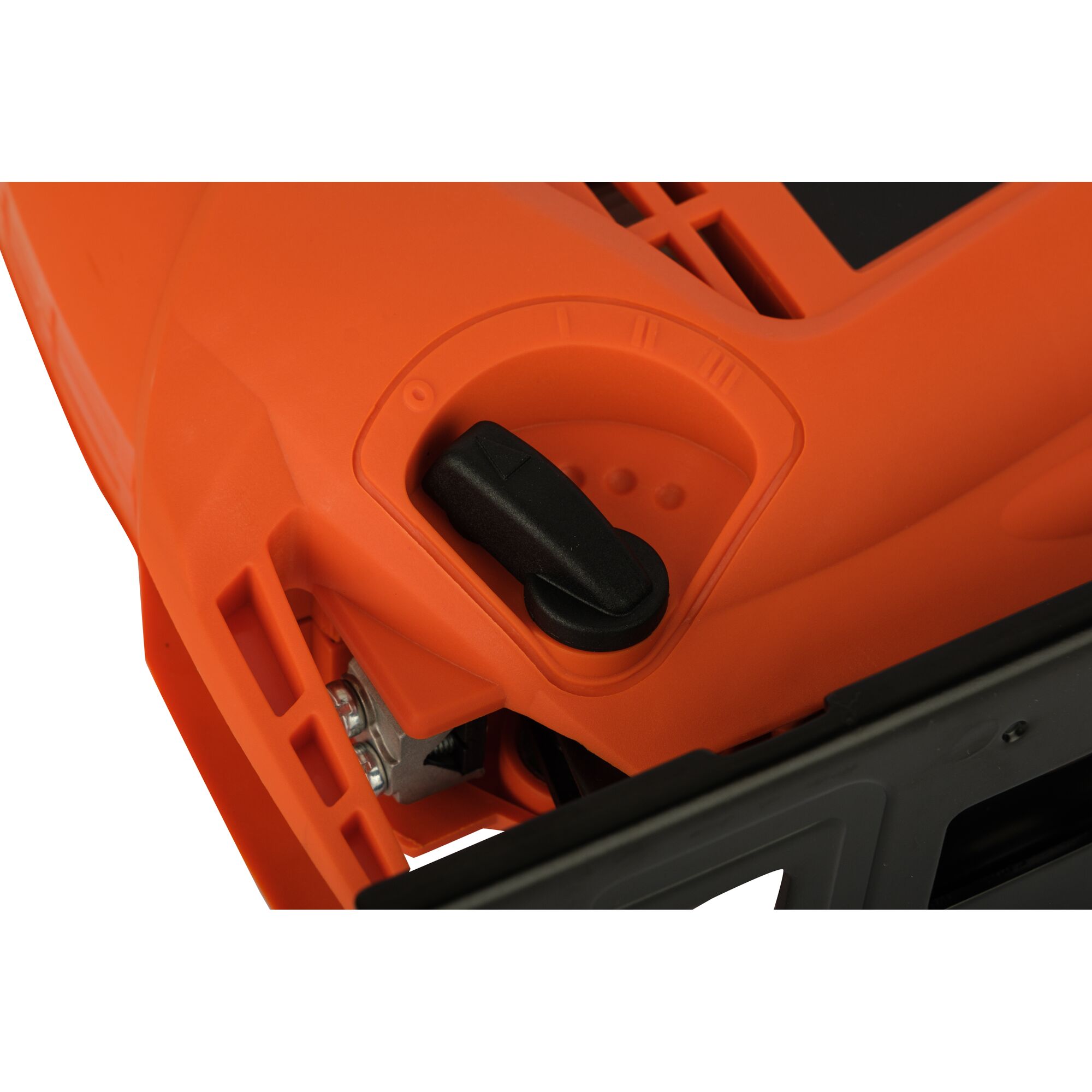 BLACKDECKER KS700PE saw close-up on orange control lever, side angle, tool photography.