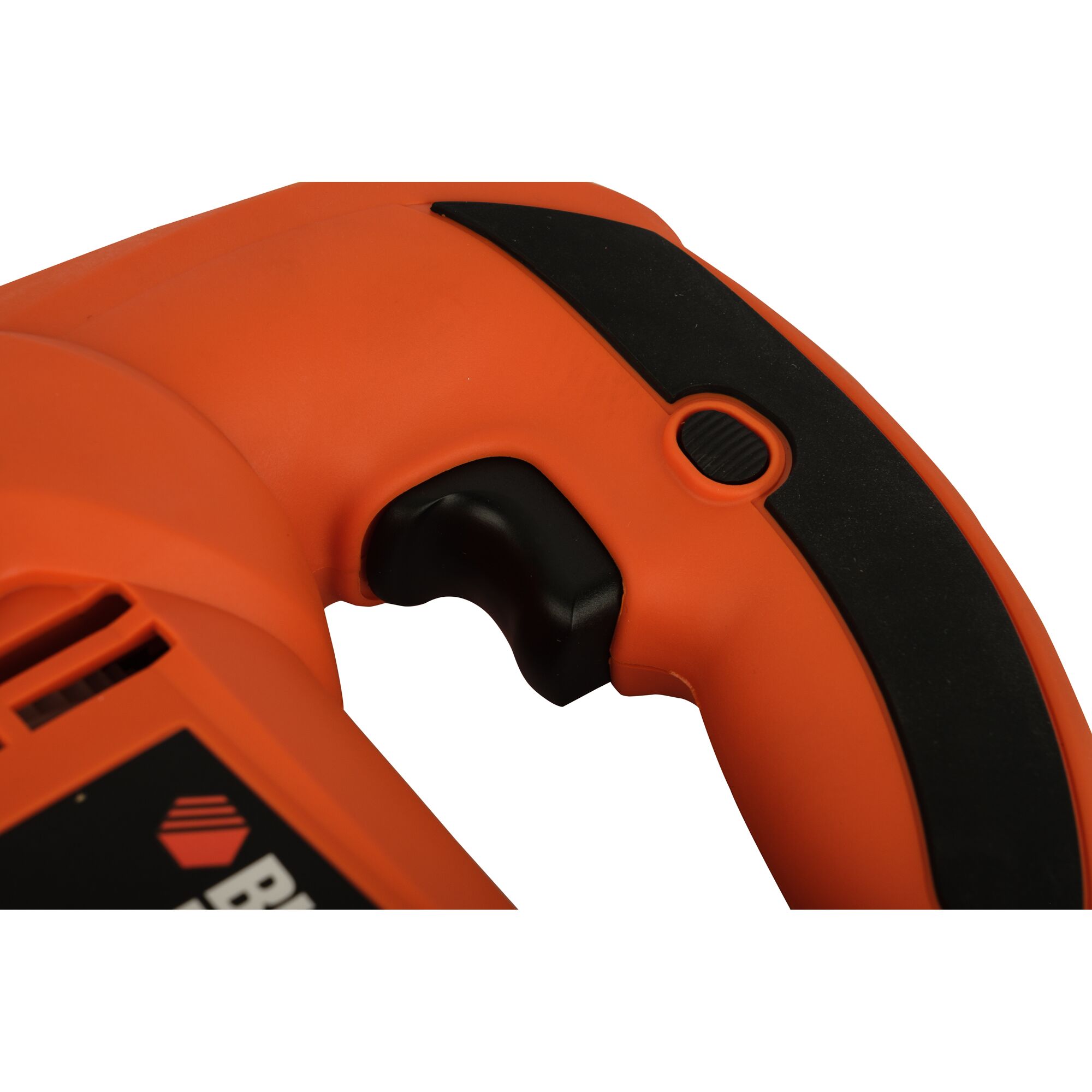 BLACKDECKER KS700PE jigsaw handle close-up, orange and black design, photography on white background.
