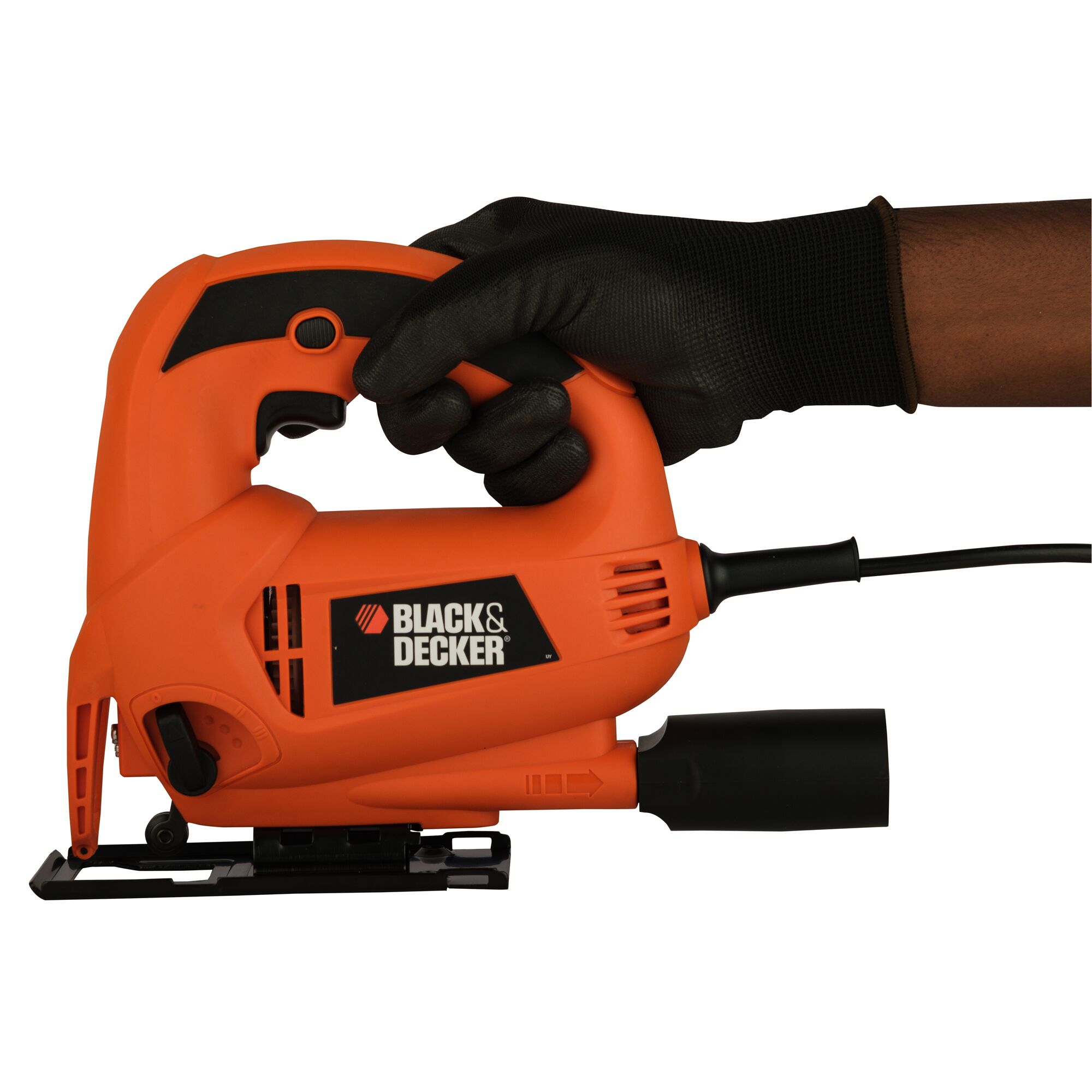 BLACKDECKER KS700PE orange jigsaw held by a gloved hand, side angle, tool category photography.