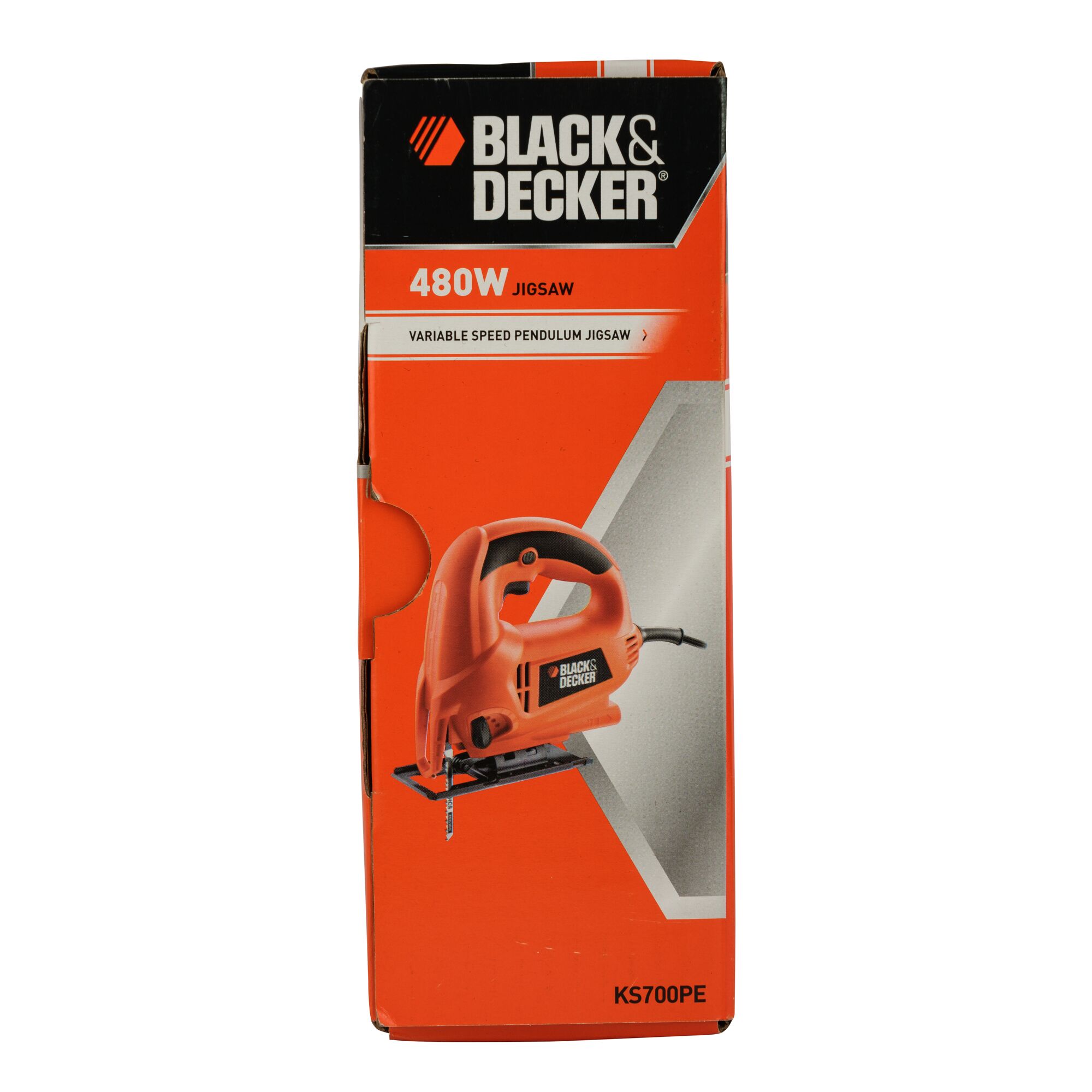 BLACK+DECKER KS700PE jigsaw box, orange with jigsaw photo and 480W variable speed highlighted, front angle.