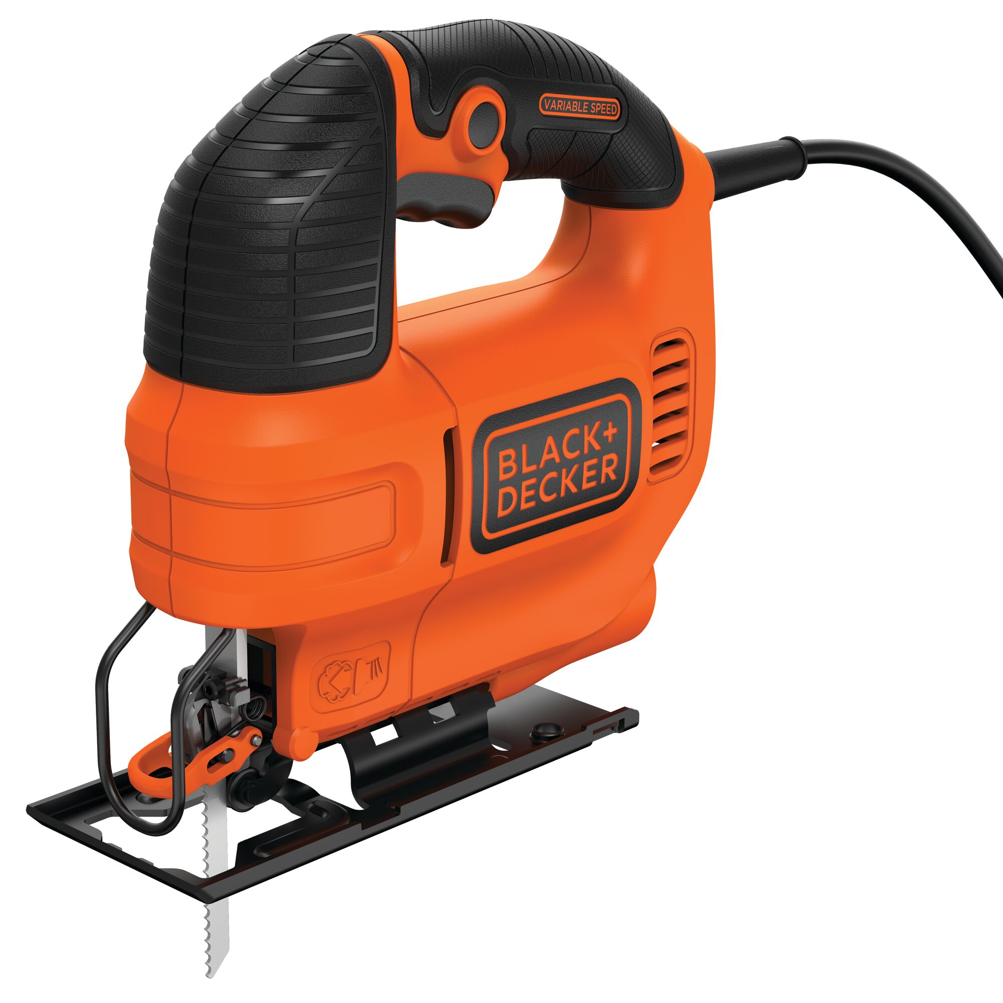 BLACK+DECKER KS701E orange corded jigsaw, side angle, with black grip and variable speed feature.