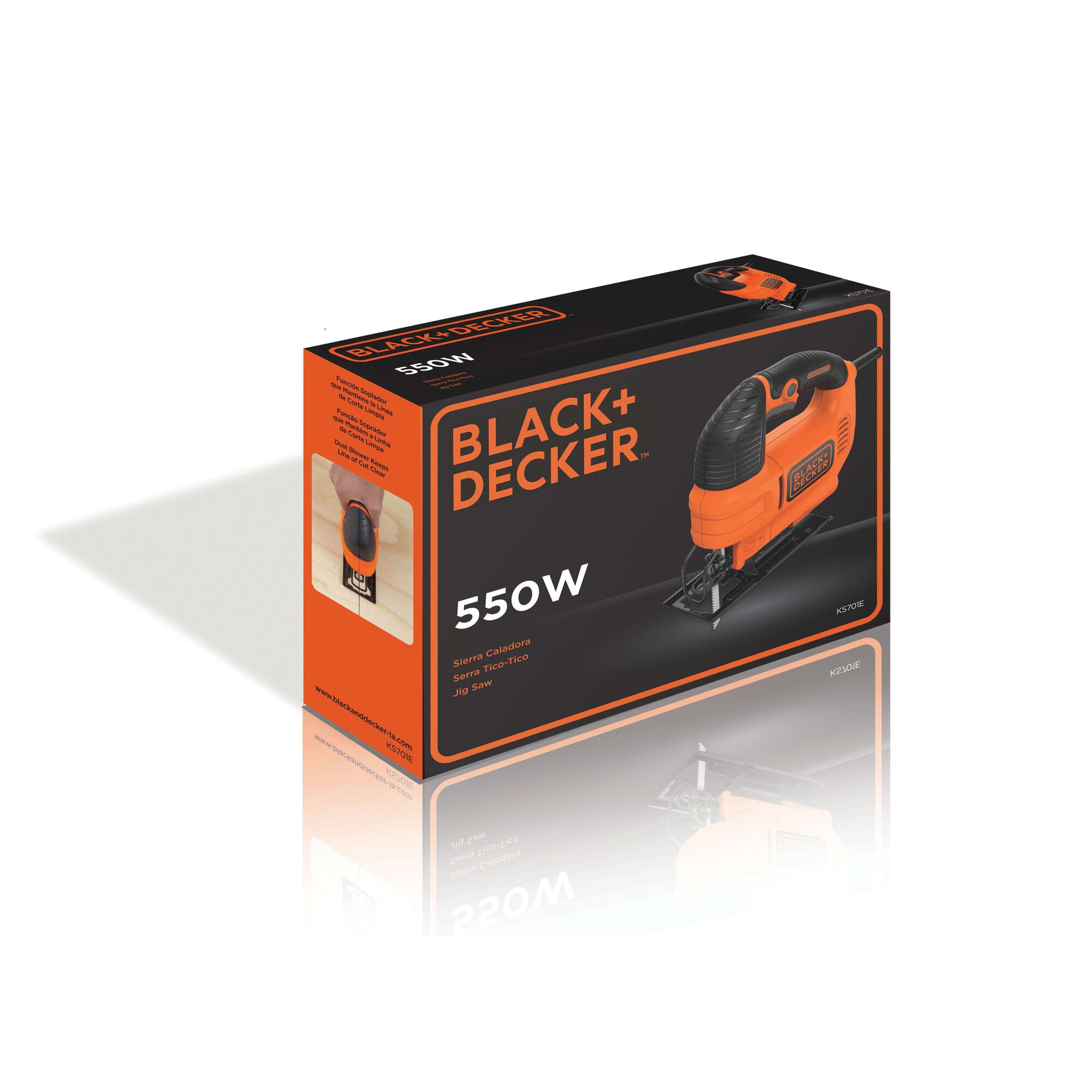 Photo of BLACK+DECKER KS701E jigsaw 550W retail box, showing product image and black-orange packaging, angled view.