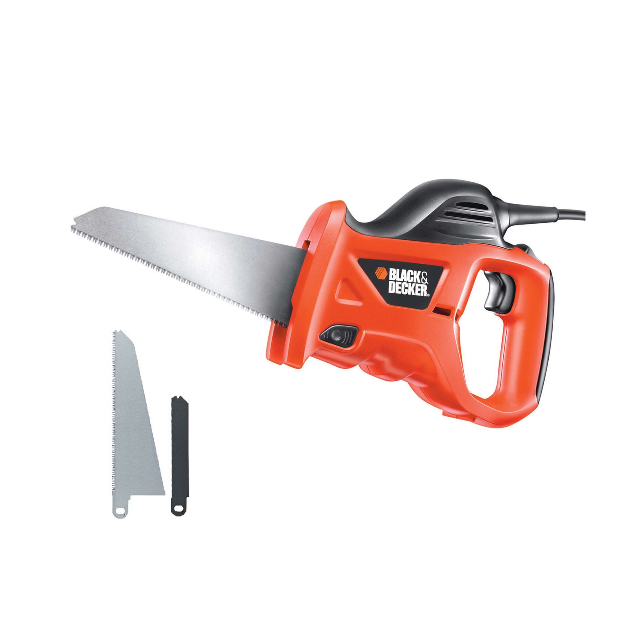 BLACK+DECKER KS880ECN electric saw with orange and black body, shown with two extra blades, side view on white.