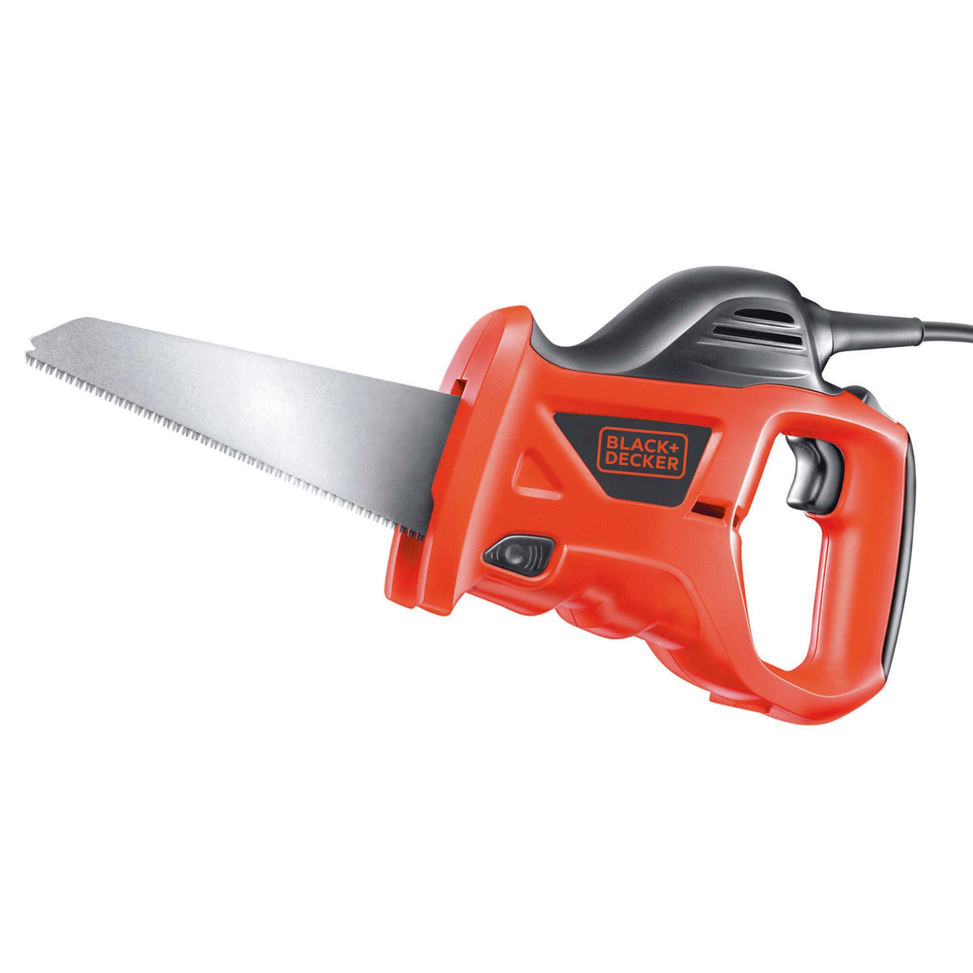 A BLACK+DECKER electric handsaw with an orange and black handle, featuring a sharp metallic blade, shown against a white background.