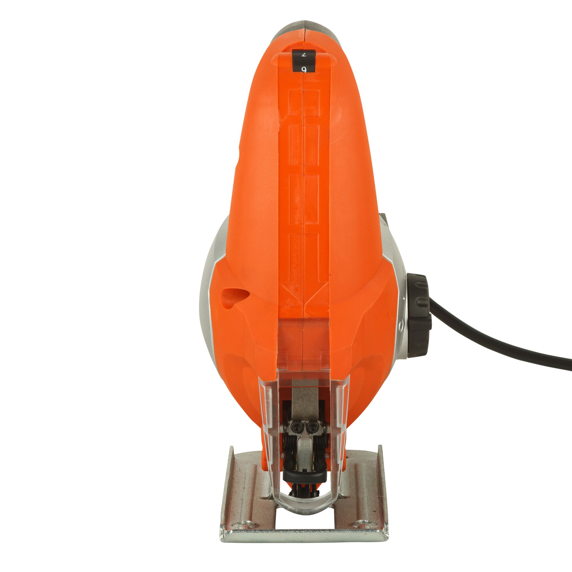 BLACKDECKER KS900EKX jigsaw front angle, orange and silver body, corded power tool on white background.