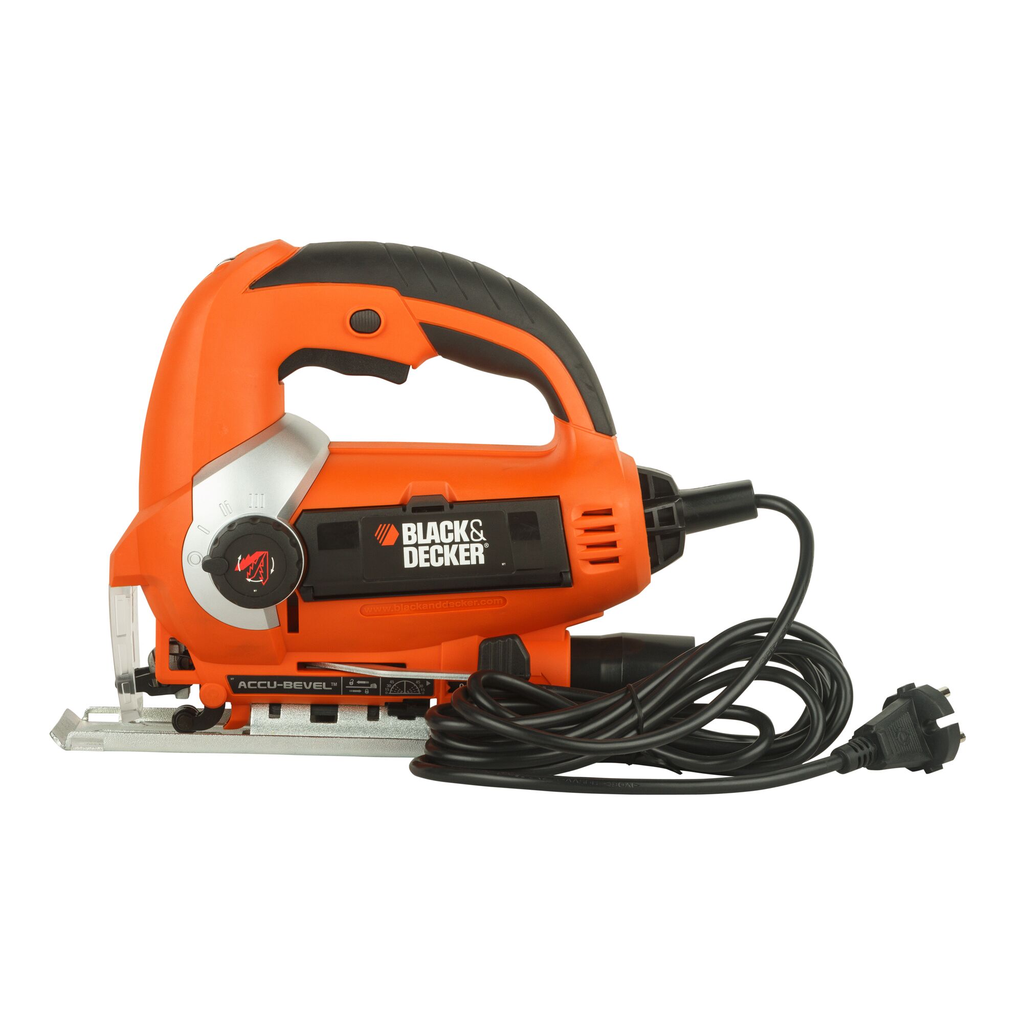 Photo of BLACKDECKER KS900EKX jigsaw power tool, orange and black, side view with coiled cord.