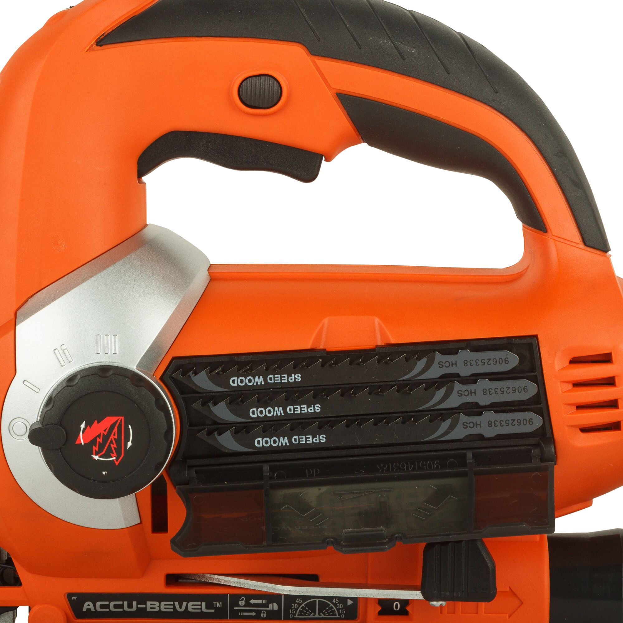 BLACKDECKER KS900EKX jigsaw close-up, orange plastic handle and visible speed wood blades, right side view.